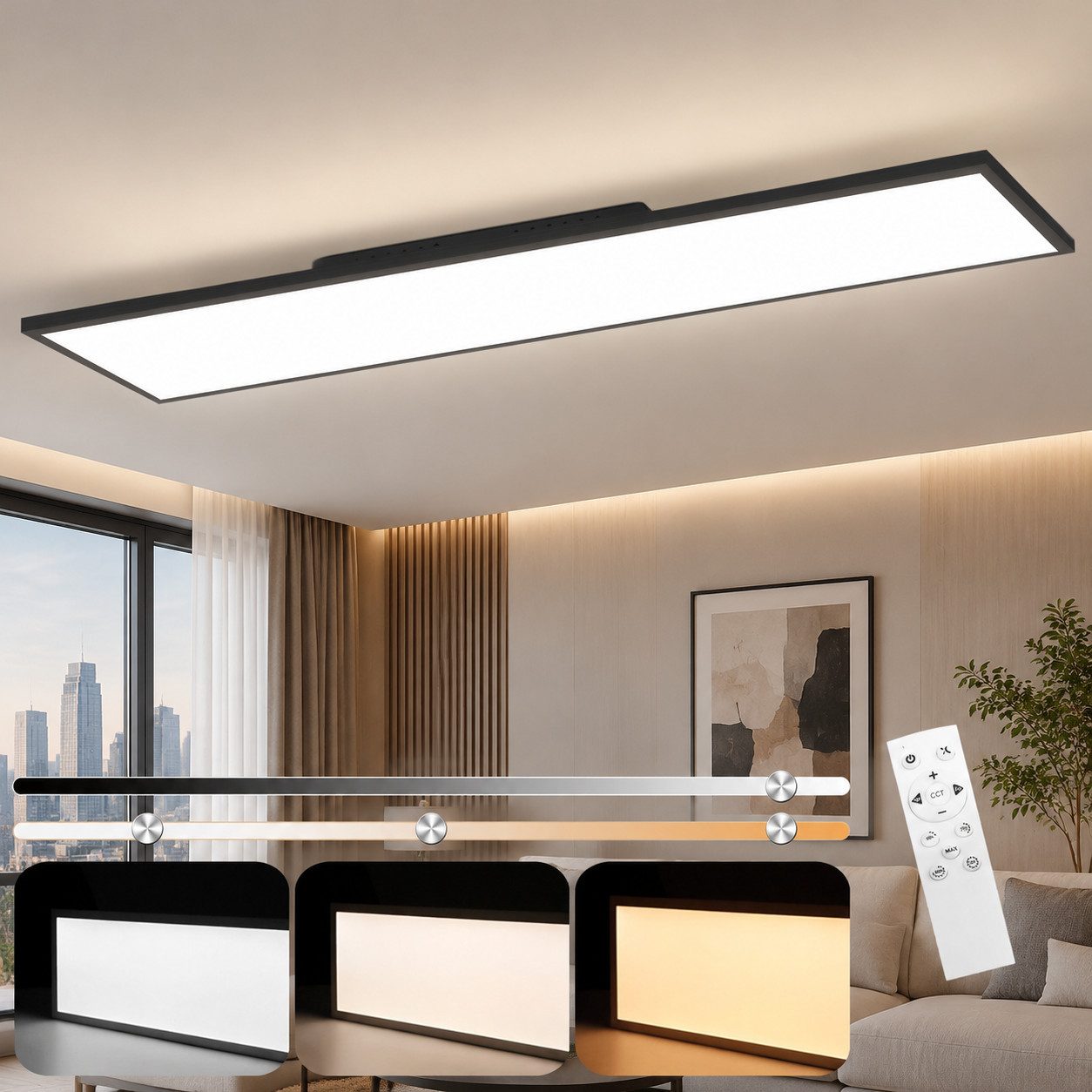 Nettlife LED Panel 100/120CM Deckenleuchte dimmbar Fernbedienung,40W schwarz/Weiß, warmweiß/neutralweiß/kaltweiß, LED fest integriert, Bürolampe Tageslichtlampe für Büro Küche Flur Werkstatt Wohnzimmer