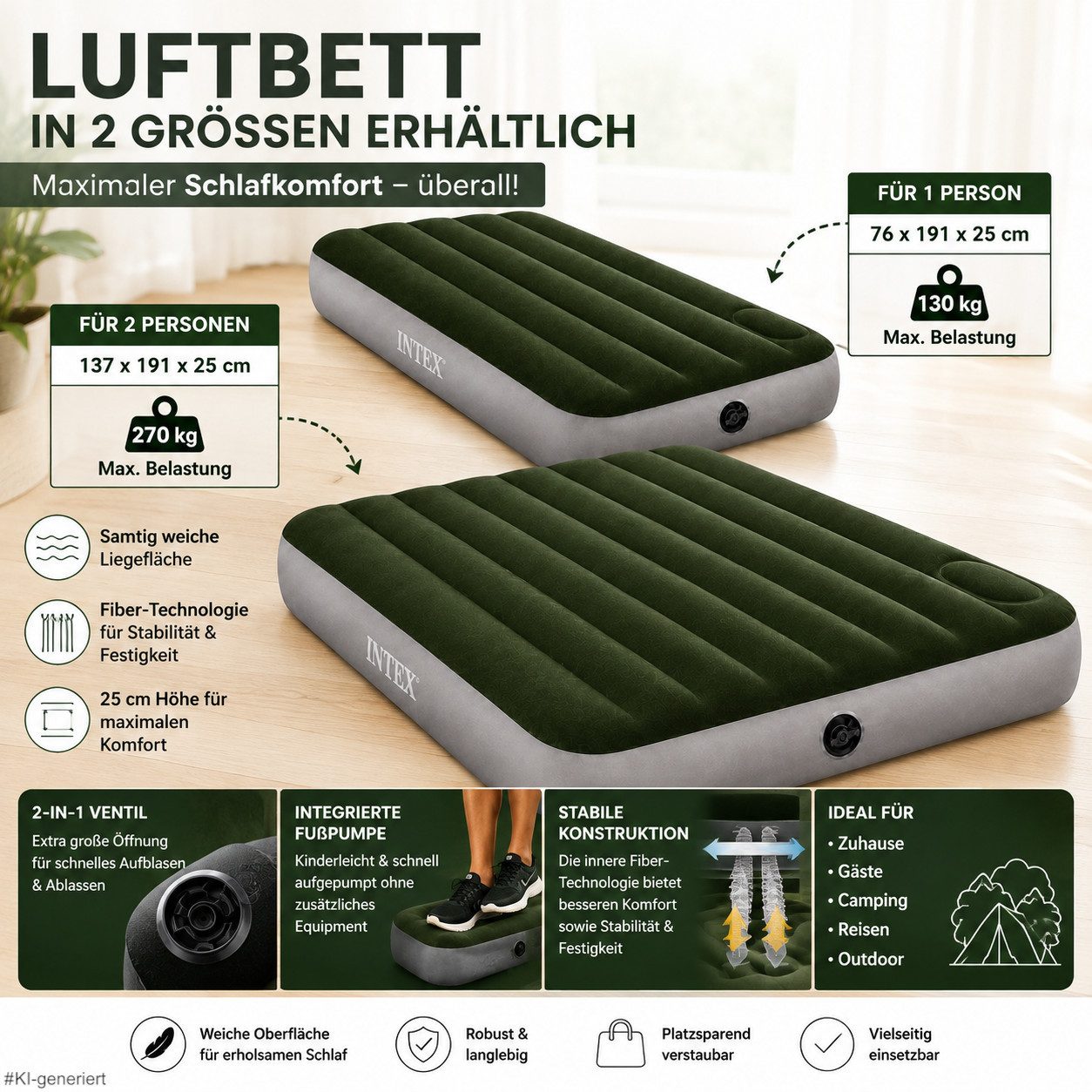 Intex Luftbett mit integrierter Fußpumpe - samtig weiche Liegefläche, Fiber-Technologie für Stabilität - Einzelbett oder Doppelbett
