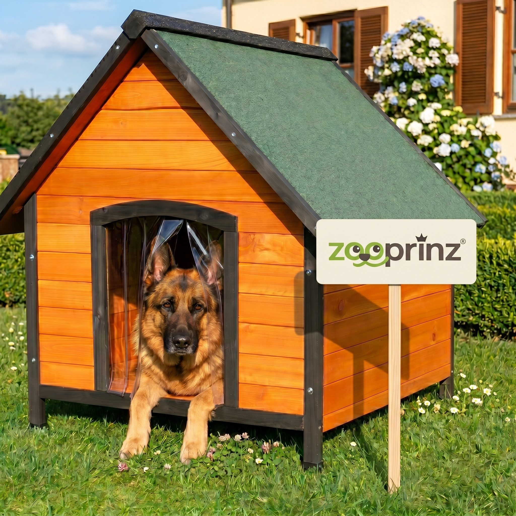 Zooprinz Hundehütte Luna mit Klappdach und Lamellen, Bitumenbahnen, wetterfest lasiertes Kiefernholz, für große Hunde