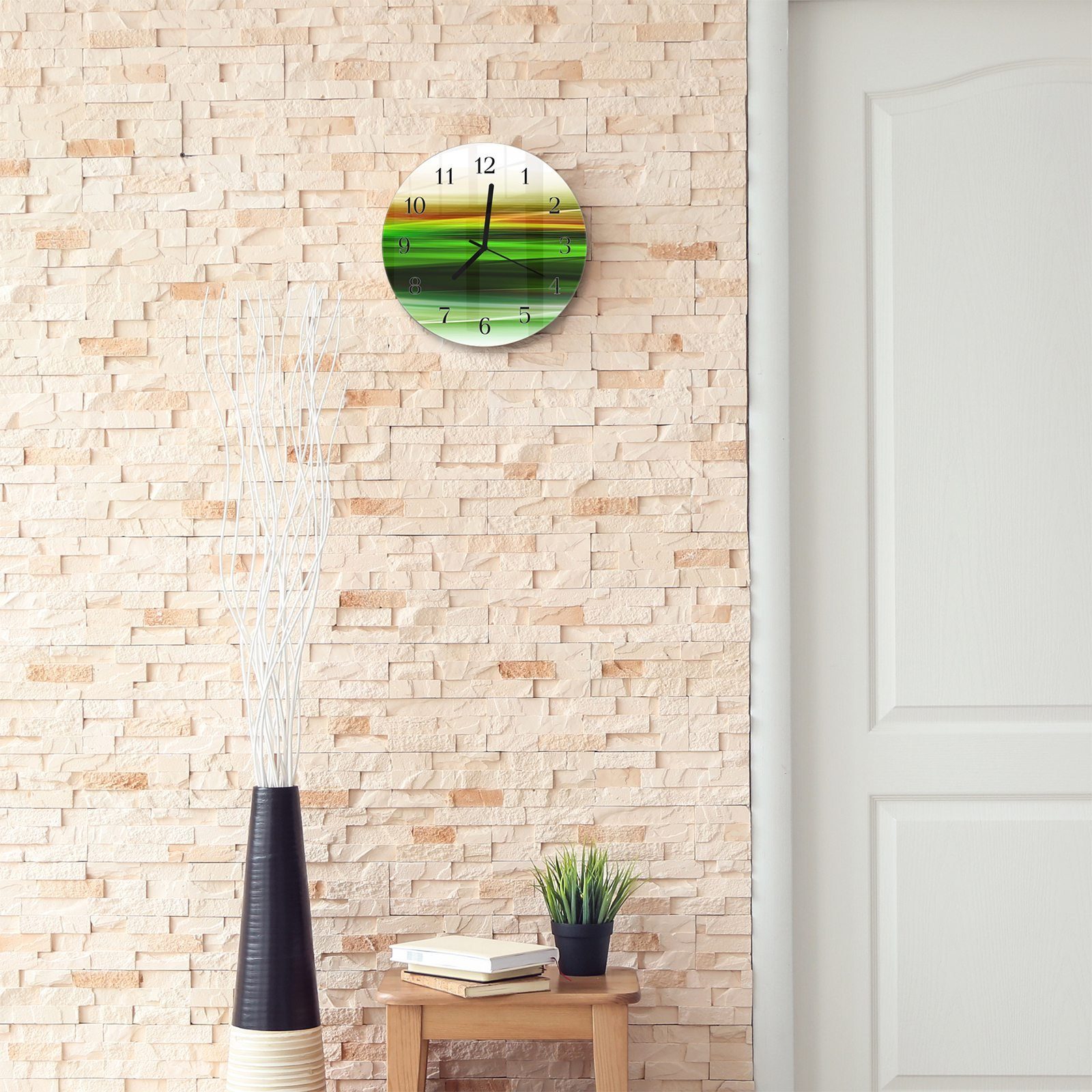 cm Glas Rund mit Primedeco Wellen Abstrakte Durchmesser - Motiv Wanduhr und Wanduhr aus Quarzuhrwerk 30 mit