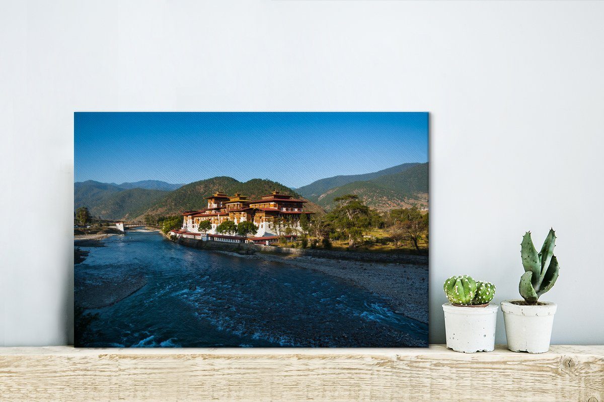 Fluss St), Aufhängefertig, Bhutan, in cm Dzong OneMillionCanvasses® flachen 30x20 Leinwandbilder, einem Leinwandbild breiten, Punakha Wandbild (1 an Wanddeko,
