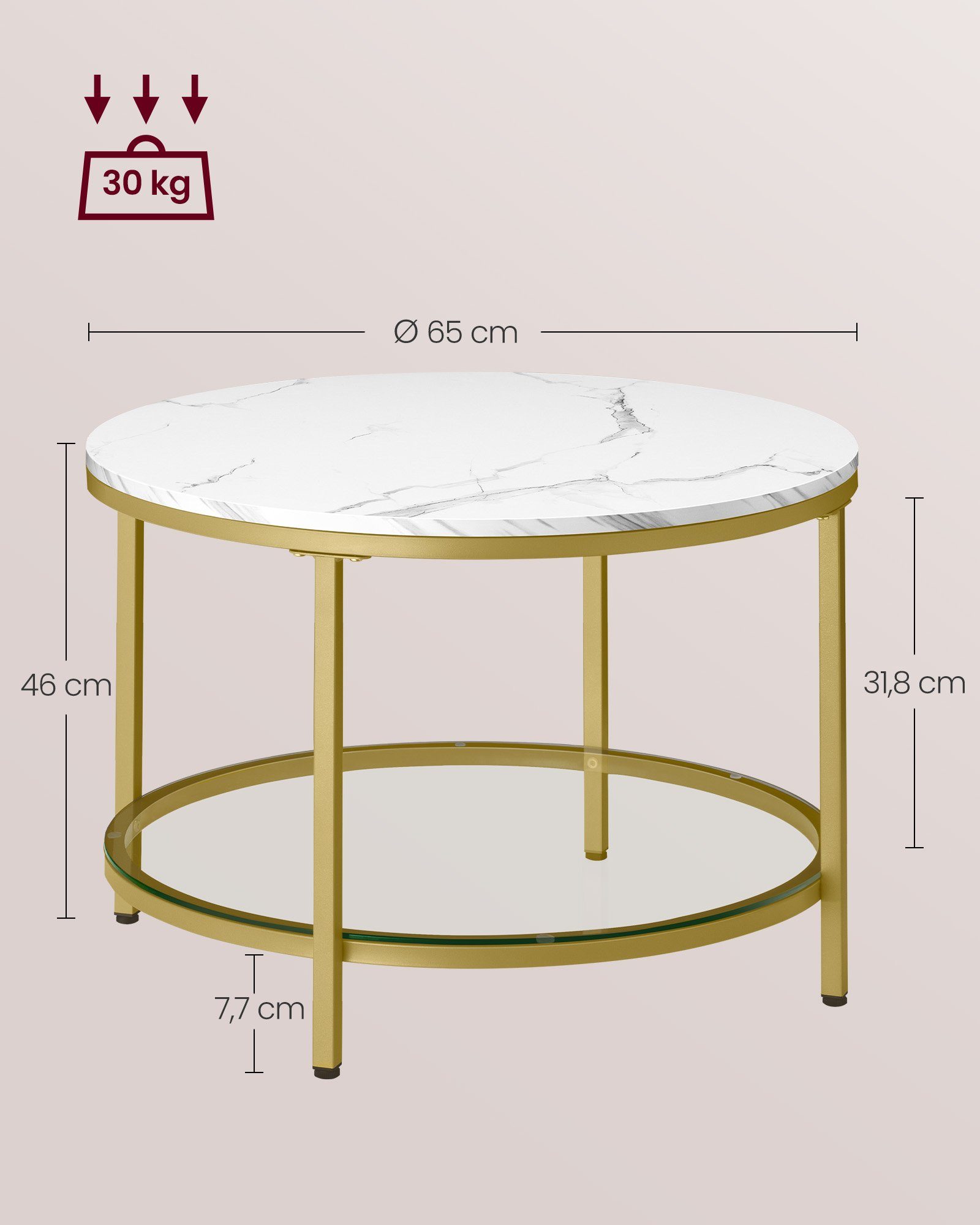 VASAGLE Couchtisch Wohnzimmertisch rund, klein, marmor, modern (inkl. Zubehörpaket & Anleitung), Beistelltisch, rund, Ø 65/80 x 46cm, Marmoroptik, gold