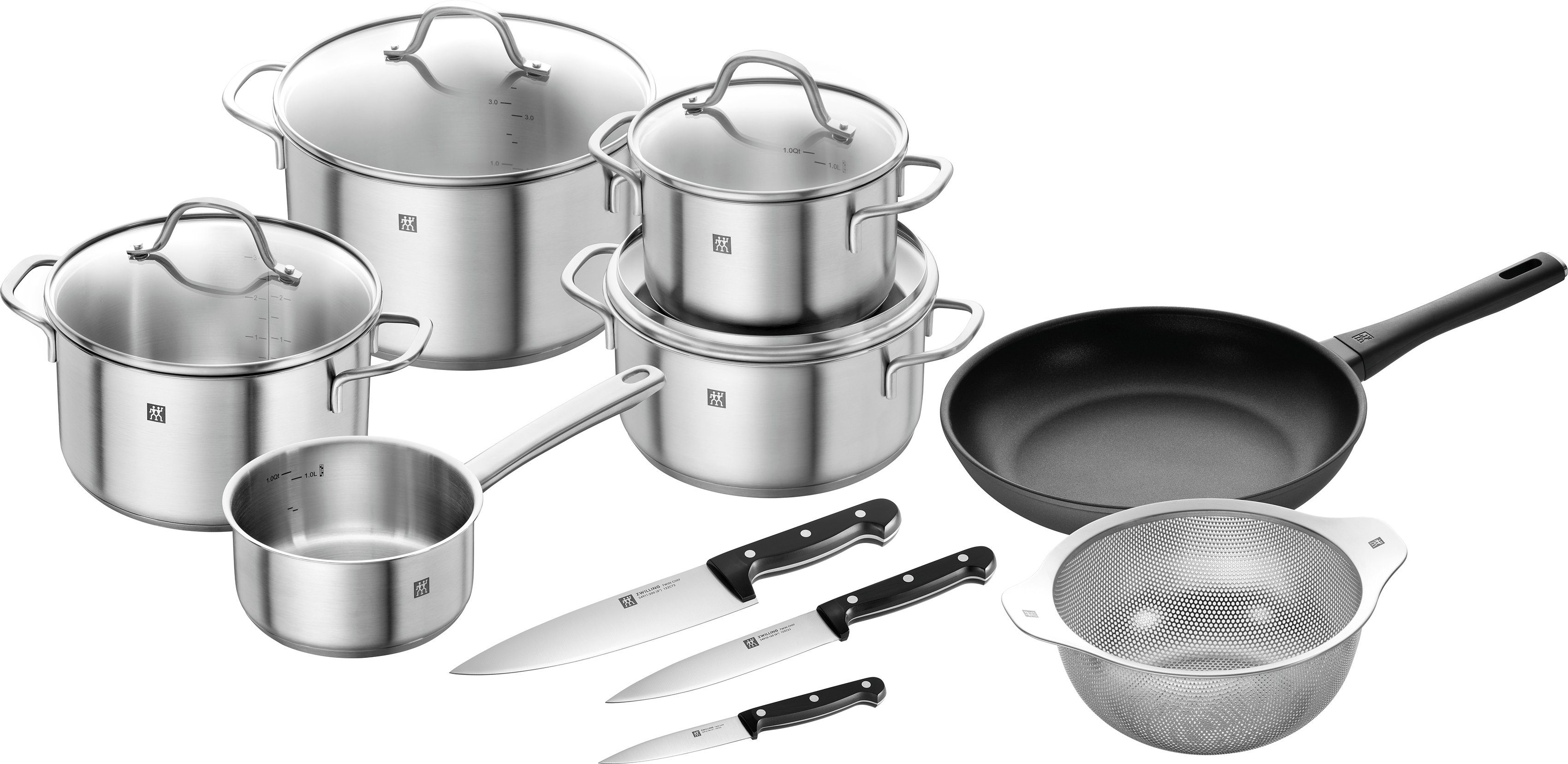 (Set, Flow/Shine/Table/Twin inkl. Pfanne Chef 3-teiligem Topf-Set Induktion, Zwilling 10-tlg), 3-in1-Sieb, Edelstahl 28 Kochmesser-Set cm, 2,