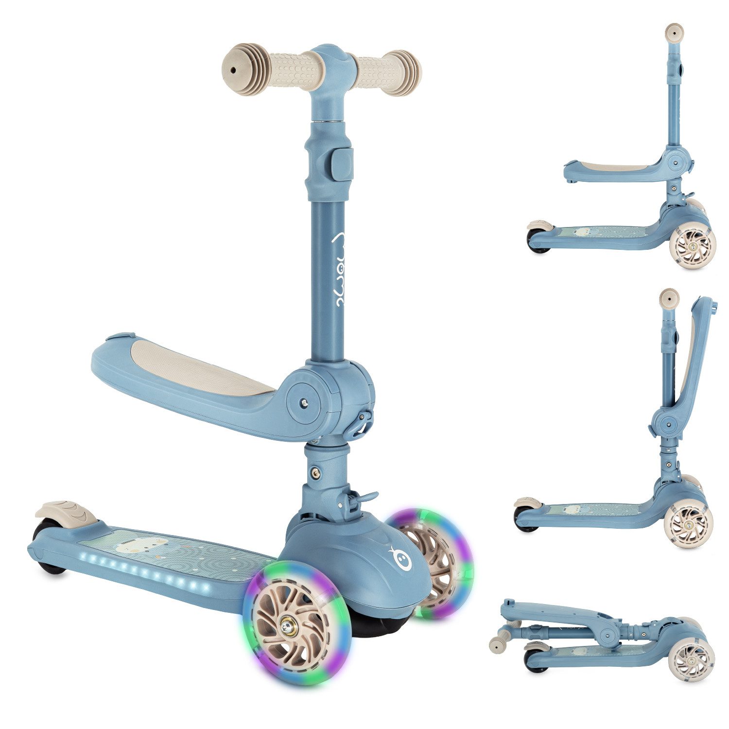 MoMi Dreiradscooter Debe, 2-in-1 Kinderroller mit Sitz, LED-Rädern und Klappfunktion