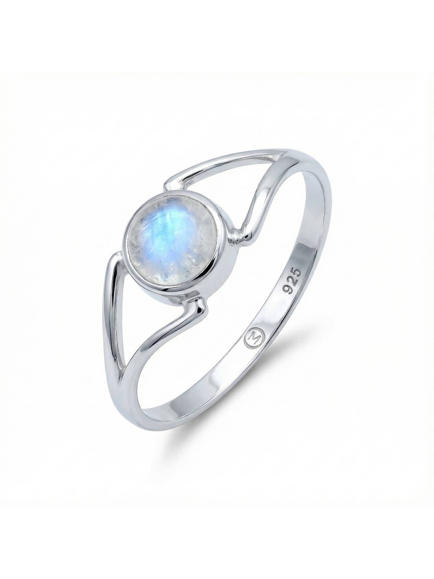 mantraroma Silberring TEKILI rund aus 925 Silber mit Regenbogen Mondstein (Ring mit Schmuckbeutel), Damenring aus 925er Silber