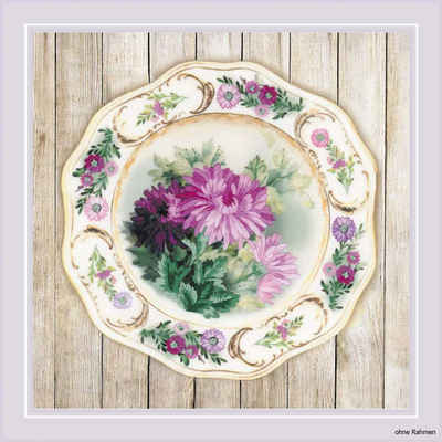 Riolis Kreativset Riolis Plattstich Set "Teller mit Chrysanthemen ", Stickbild gedruckt, (embroidery kit by Marussia)