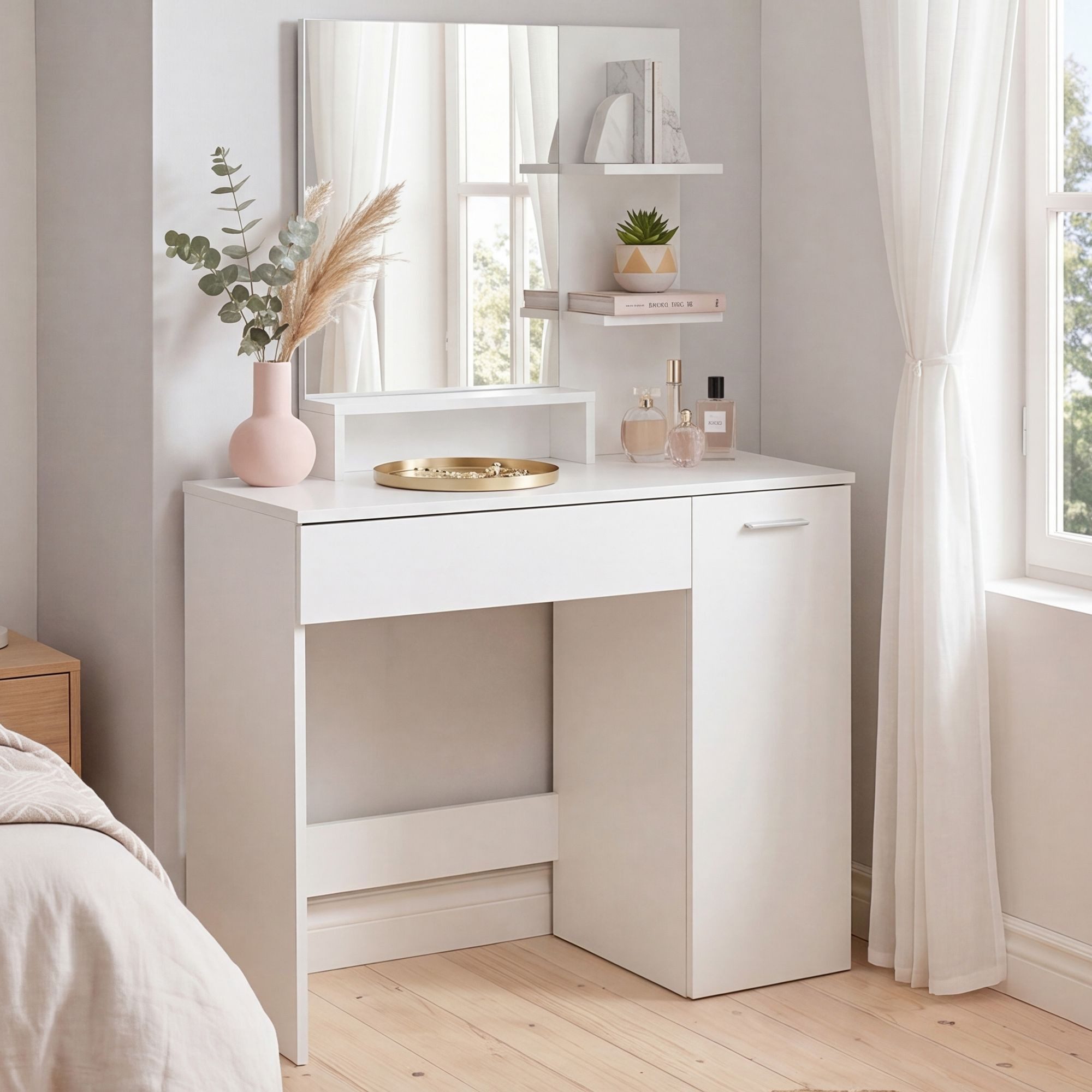 Wohnling Schminktisch WL7.833 Kosmetiktisch 90cm Frisiertisch Weiß Make-Up-Tisch Spiegel (Helle Frisierkommode für das Schlafzimmer), Kratzfeste Oberfläche dank Melaminharzbeschichtung