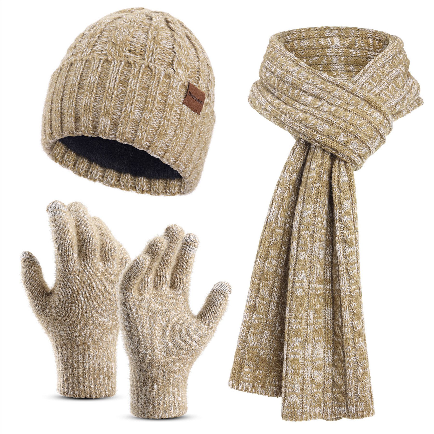 Mutig Mütze & Schal Mütze Schal Handschuh 3-Set,Gestrickt Touchscreen-Handschuhe (Winter Weich Warm,Warmes Strick-Set mit Futter,Unisex, Mütze Schal Handschuh 3-Set Für Winter Geschenk-Mehrfarbig) Das Obermaterial des Sets besteht aus hochwertigem Acryl und Nylon
