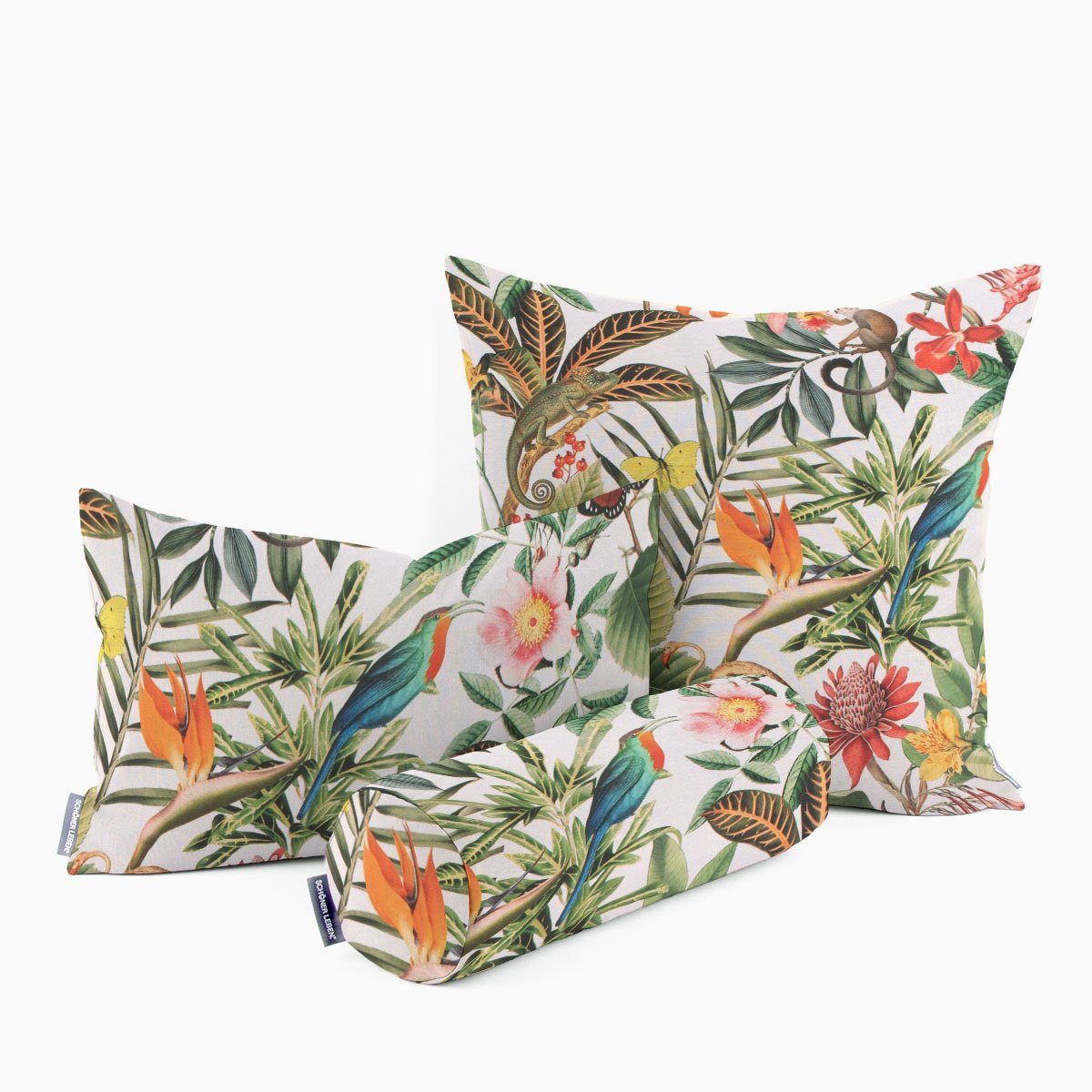 Dekokissen SCHÖNER LEBEN. Kissenhülle Outdoor Blüten Vögel Chamäleon weiß bun