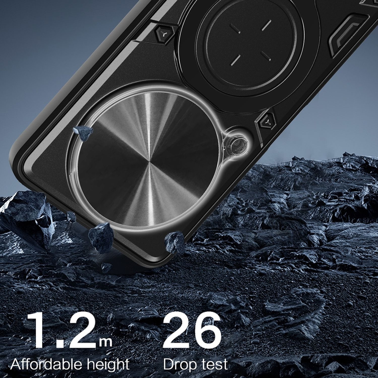 Wigento Handyhülle Für Xiaomi Redmi 14C 4G CD Sliding Kamera Hybrid Ring Hülle Schwarz, CD Texture, Schiebekameraabdeckung, Magnetischer Halter