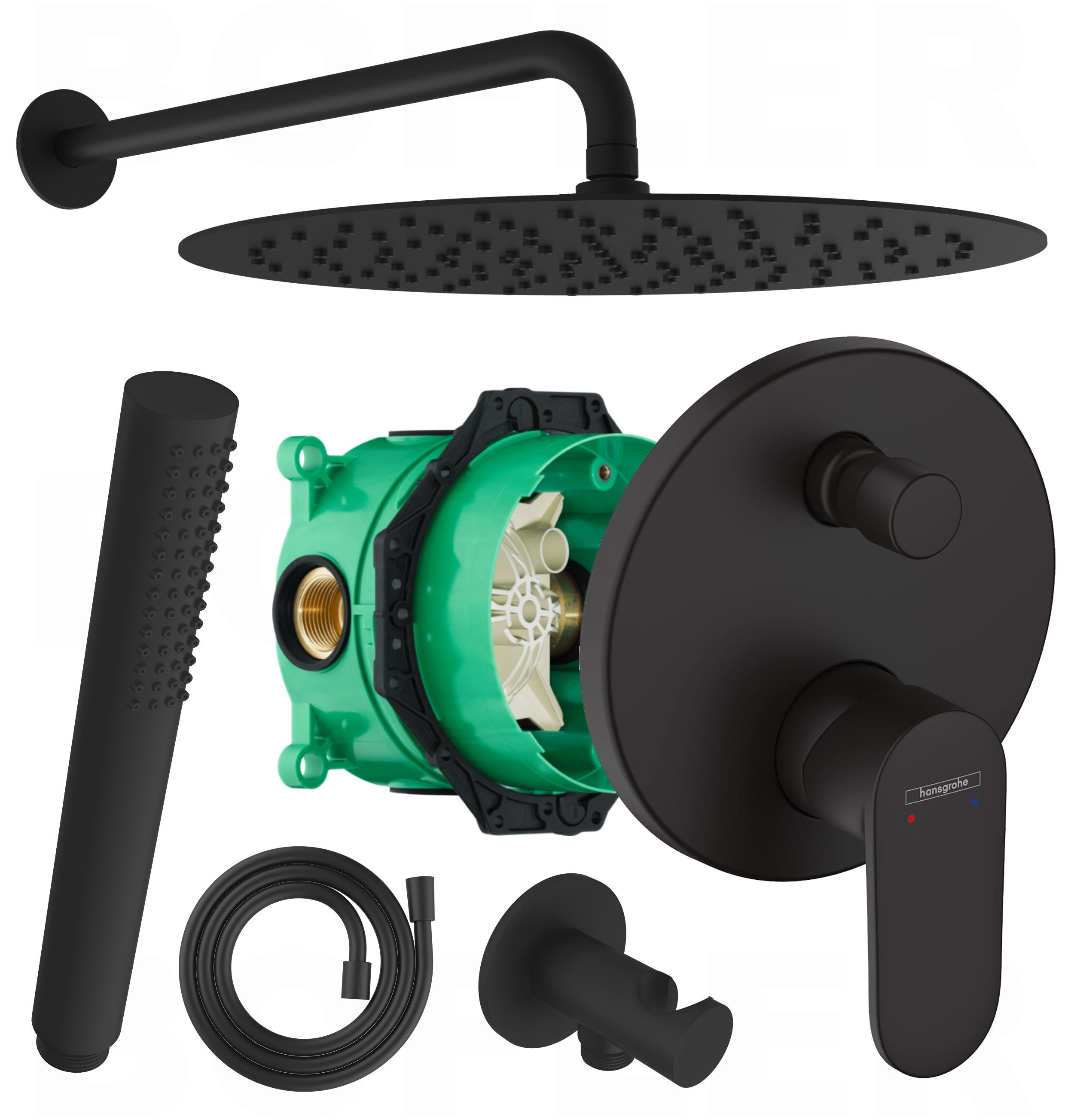 Hansgrohe und Bofler Duscharmatur Vernis Blend Unterputz Armatur für 2 Verbraucher + IBOX 1 (Duschsystem, Duschanlage, Duschset, inkl. BOFLER Duschset #44, Brauseset, Regendusche Ø30cm, Wandarm) matt schwarz, schwarze Antikalk-Gummidüsen, Wassersparende Regendusche
