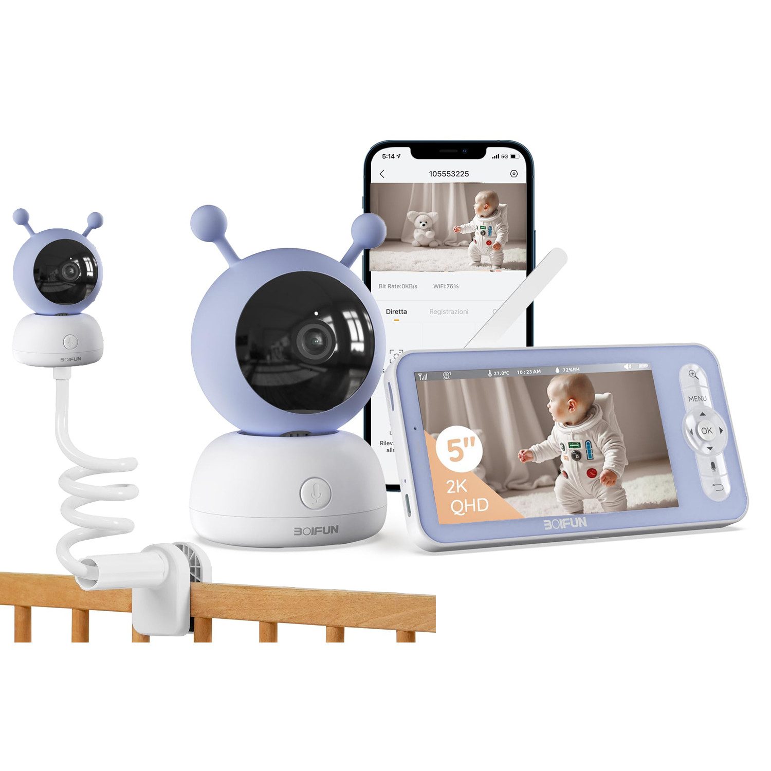 Babyphone 5 Zoll Babyphone mit Kamera und APP WLAN Video Babyfon mit Halter