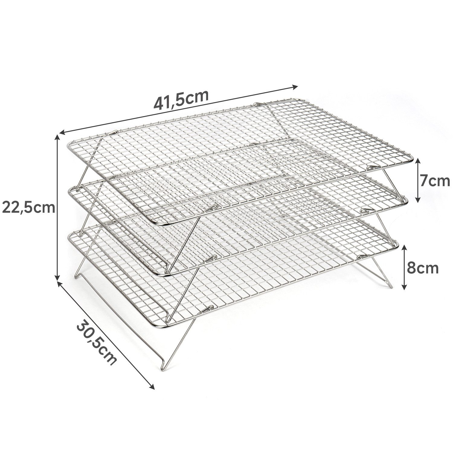 OSTWOLKE Abkühlgitter 3-stöckiges Edelstahl Abkühlgitter 41 x 30 cm - Faltbares Kuchengitter, Platzsparendes Backzubehör für Muffins Kuchen Kekse Plätzchen Brot