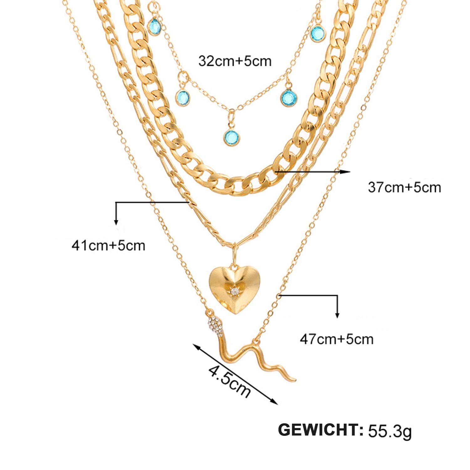 MAGICSHE Kette mit Anhänger Blauer Diamant Halskette Fransen Schlange Liebe Kristall Halskette Mehrschichtige Metall (1-tlg), Anhänger