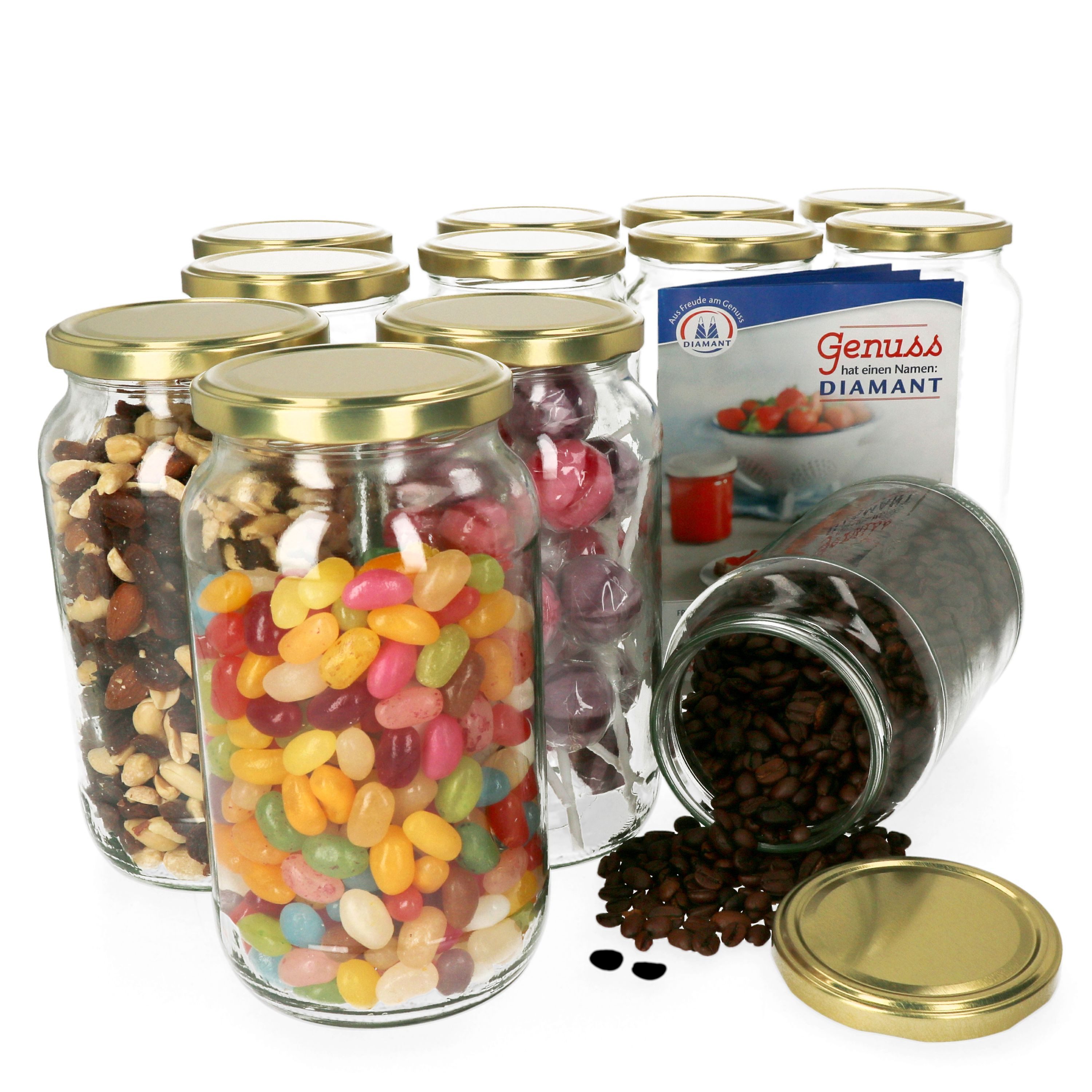 MamboCat Einmachglas 12er Set Rundglas 1062 ml To 82 goldener Deckel incl. Rezeptheft, Glas