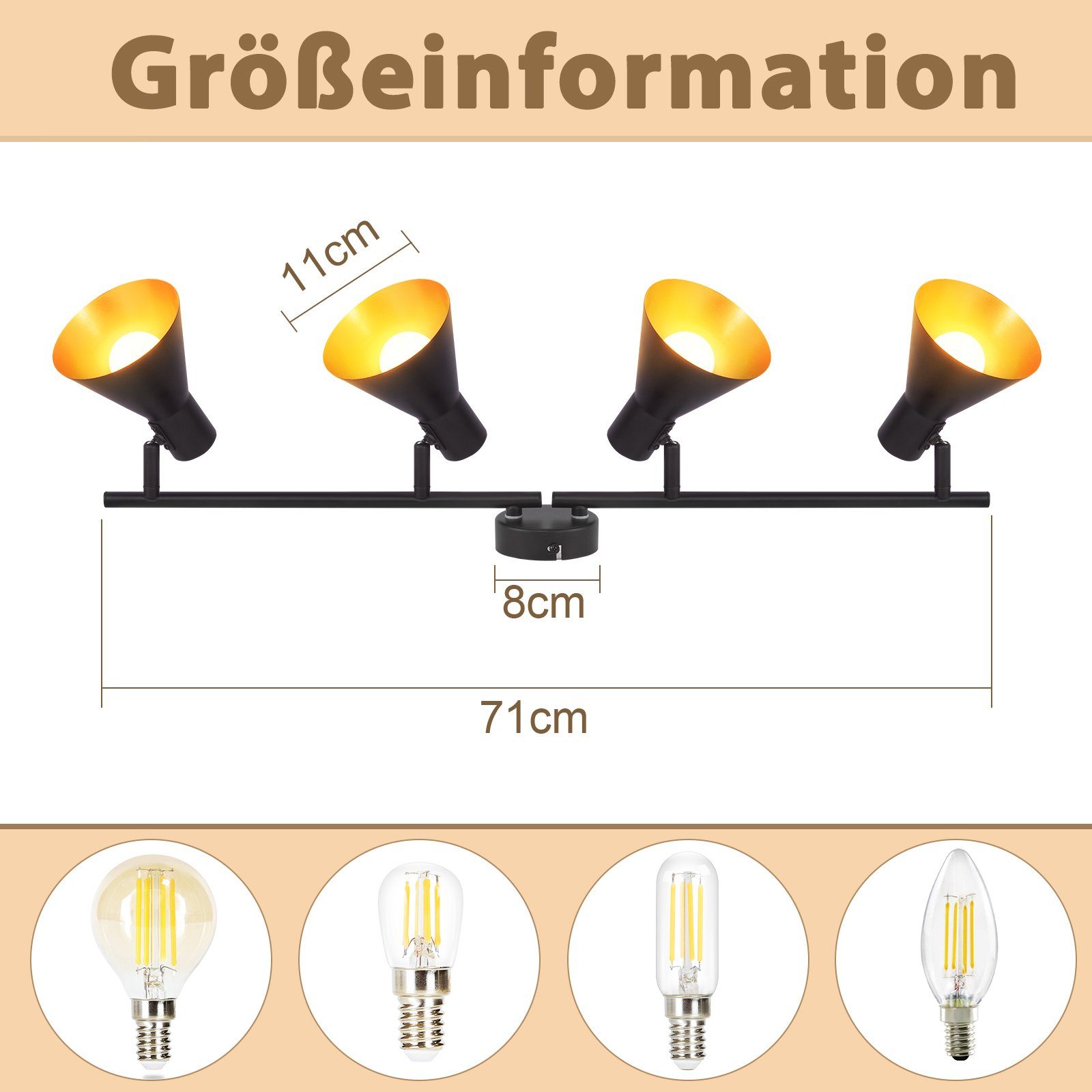 ZMH Deckenstrahler Deckenleuchte Wohnzimmer Deckenlampe Schwarz - Vintage 71CM, ohne Leuchtmittel, E14 Metall 330° Schwenkbar Küchenlampe Industrial Retro