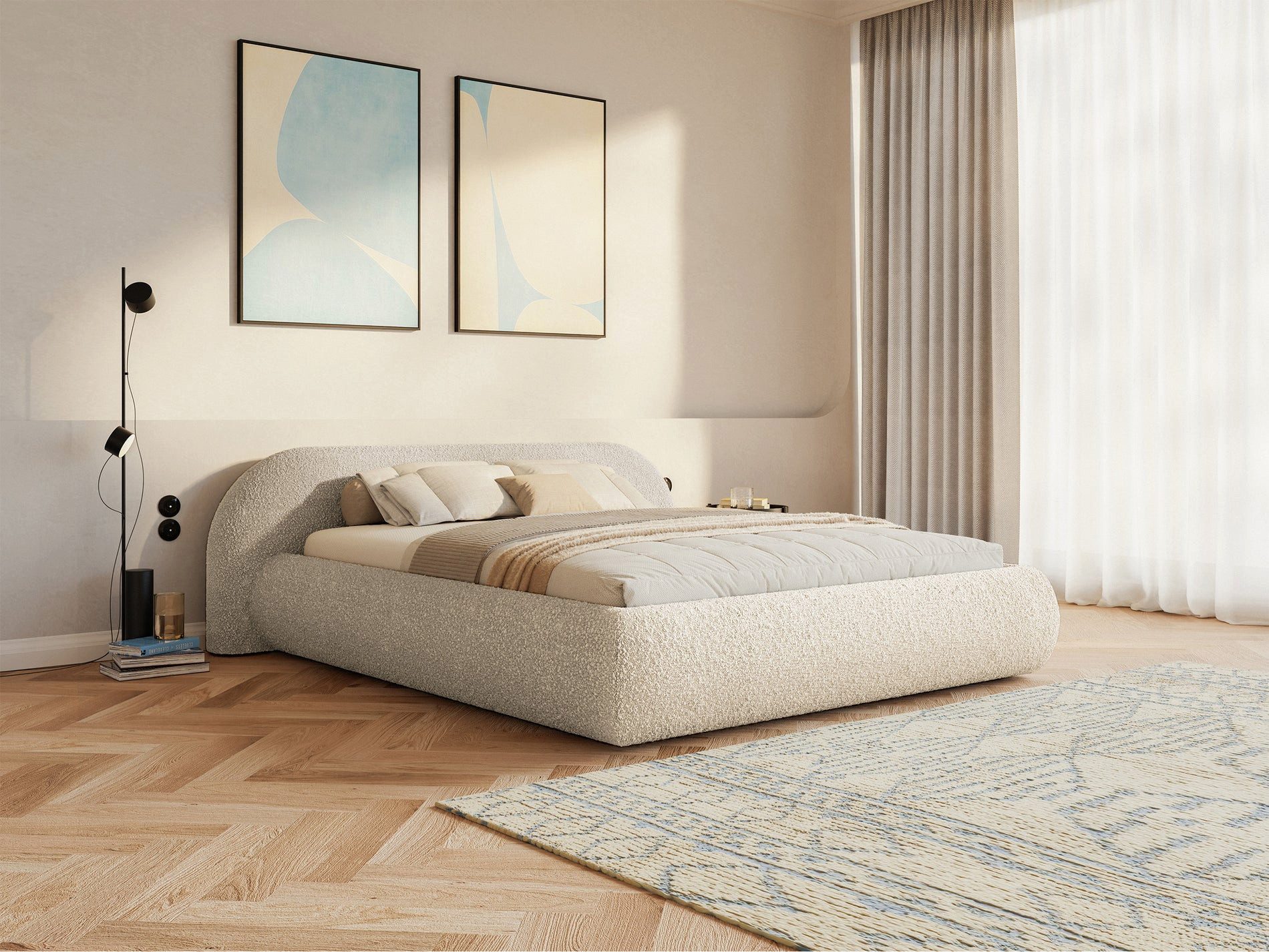 Selsey Polsterbett SHELS LOW, mit Stauraum, Lattenrost, Kopfteil und Bouclé, 140, 160, 180 cm