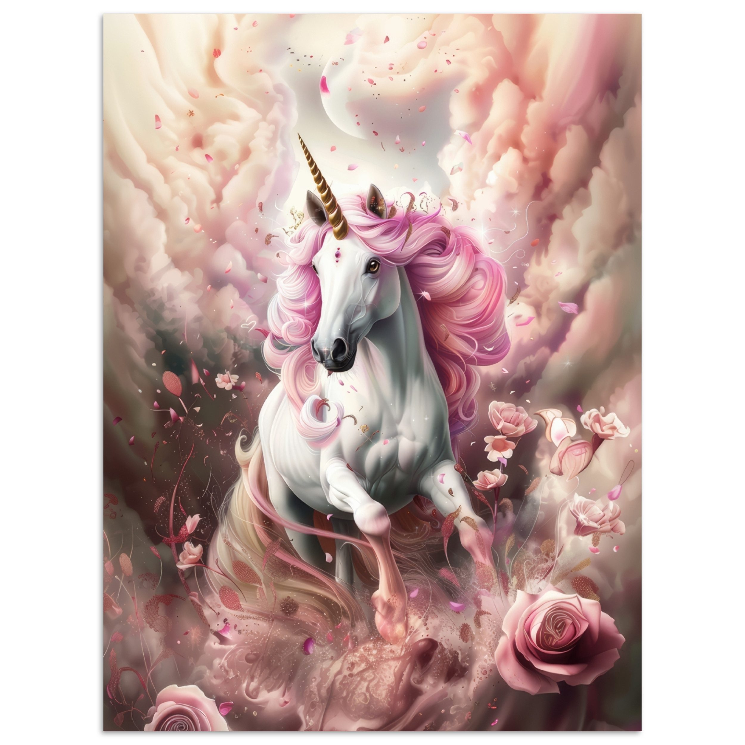 MuchoWow Poster Einhorn - Mädchen - Rosa - Blumen - Märchen, (1 St), Poster ohne Rahmen, Wandbild, Wandposter, 60x80 cm