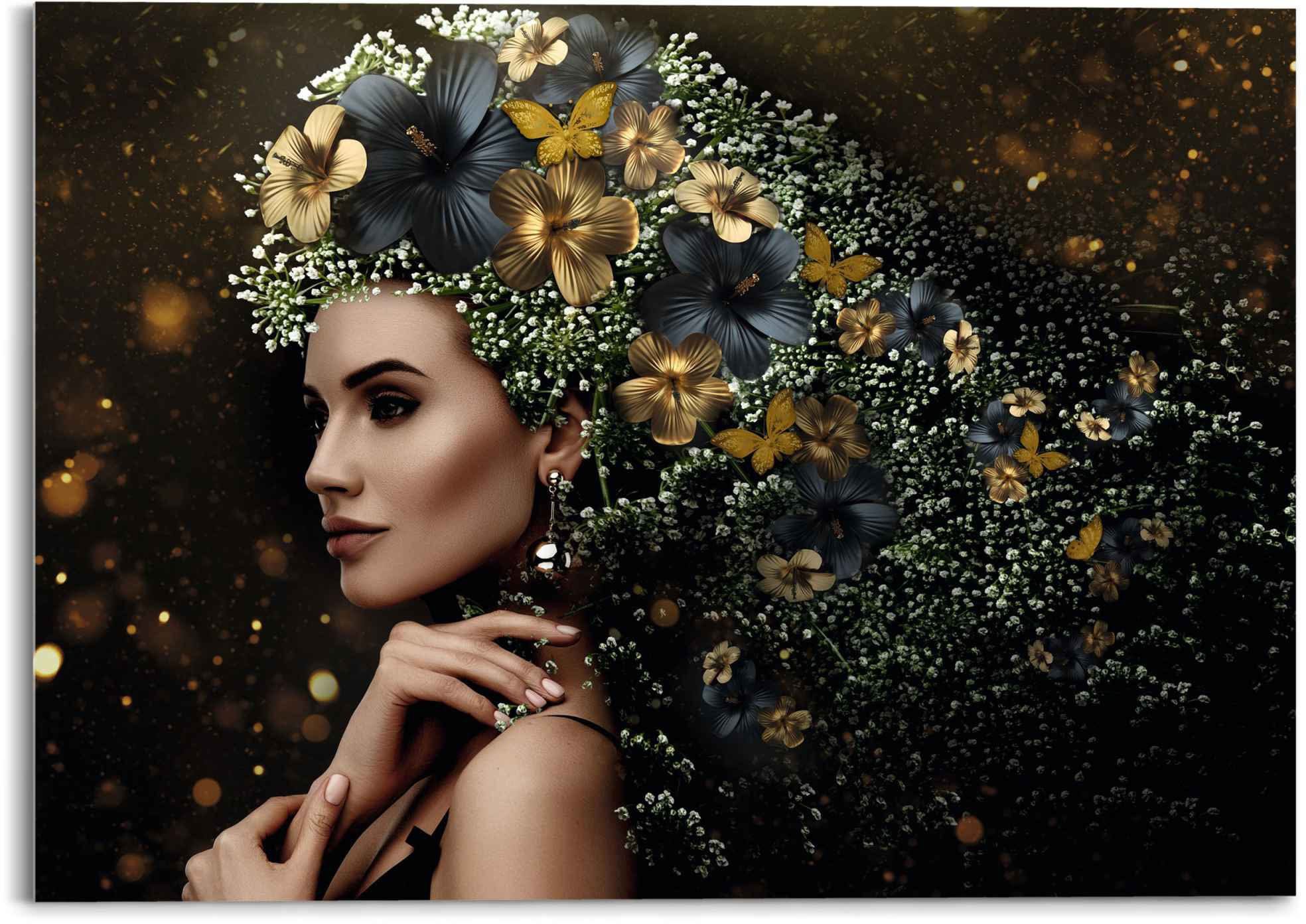 (1 St) Festlich Frau - - Glasbild Glasbild Reinders! Elegante Eleganz, - Schmetterling Blumen Frau