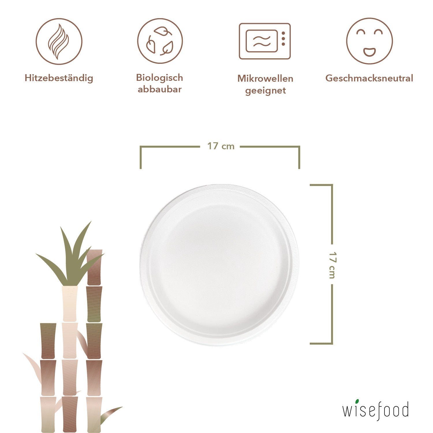 Bagasse, (rund, Teller - Einwegteller 17 cm St) (50 wisefood weiß) Zuckerrohr