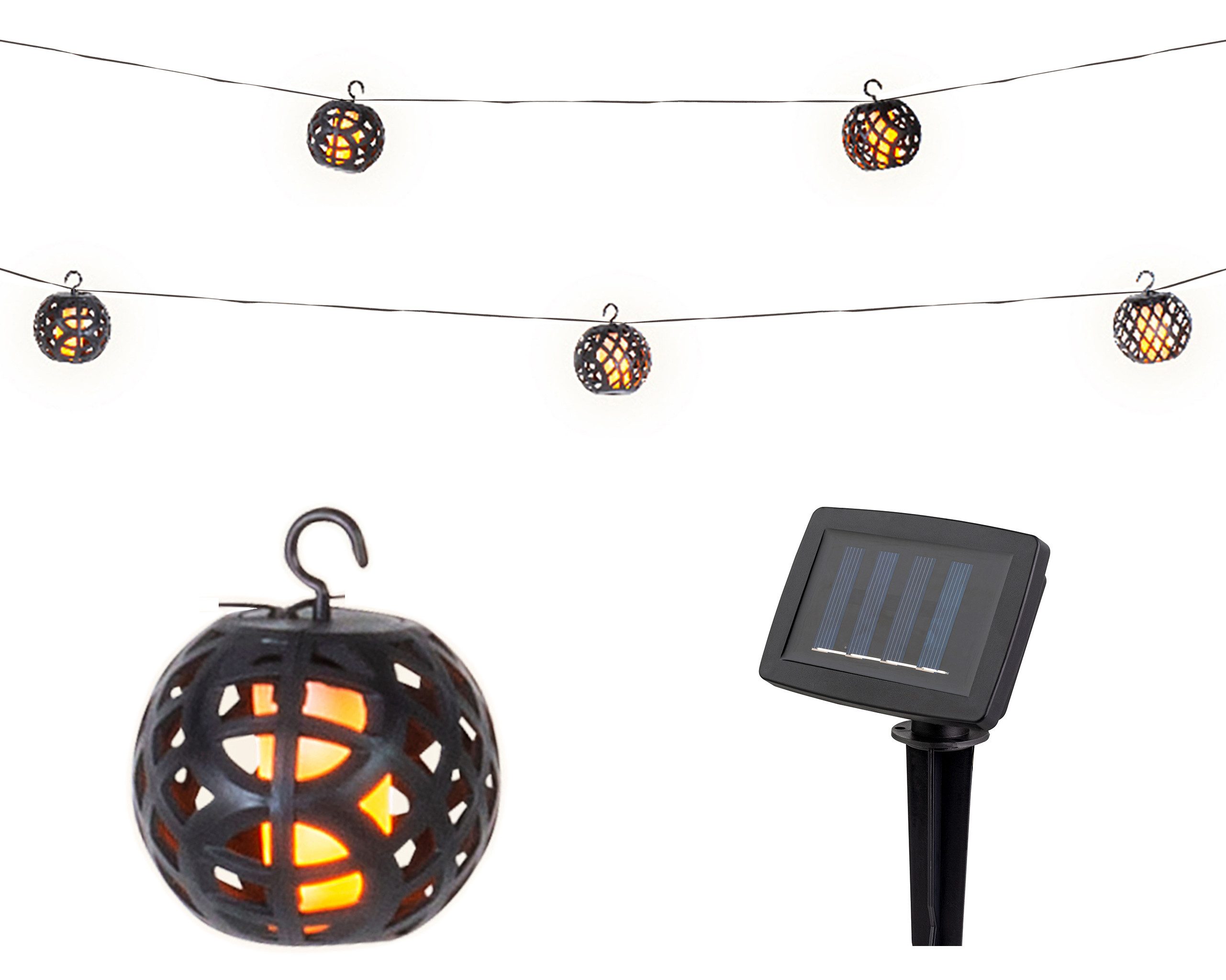 Lumineo LED Solarleuchte, Flacker Effekt, warmweiß, LED Solar Lichterkette Kugeln Flammeneffekt 1,75m Kunststoff Warmweiß