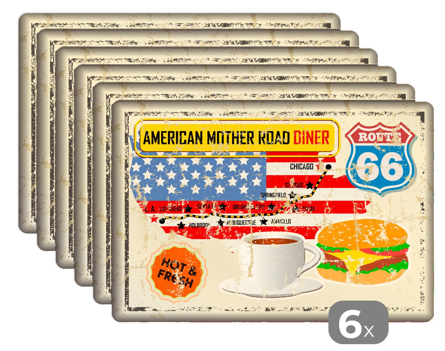 MuchoWow Platzset Amerika - Vintage - Route - Zeichnung, (6-St), Platzsets, Tischset, Abwaschbar, Tischsets, Platzdeckchen