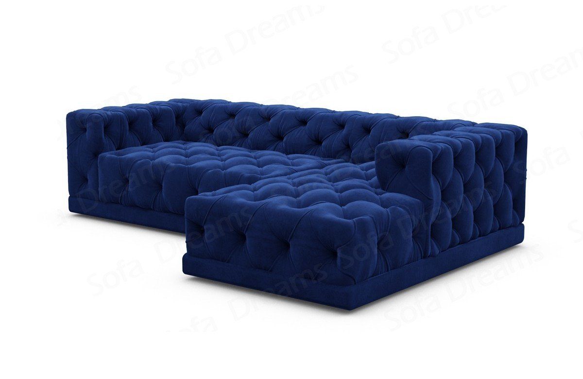 Sofa Dreams Stil Form Chesterfield kurz L Loungesofa, Sofa Palma Stoffsofa, Ecksofa Polster Samtstoff dunkelblau77 Designer