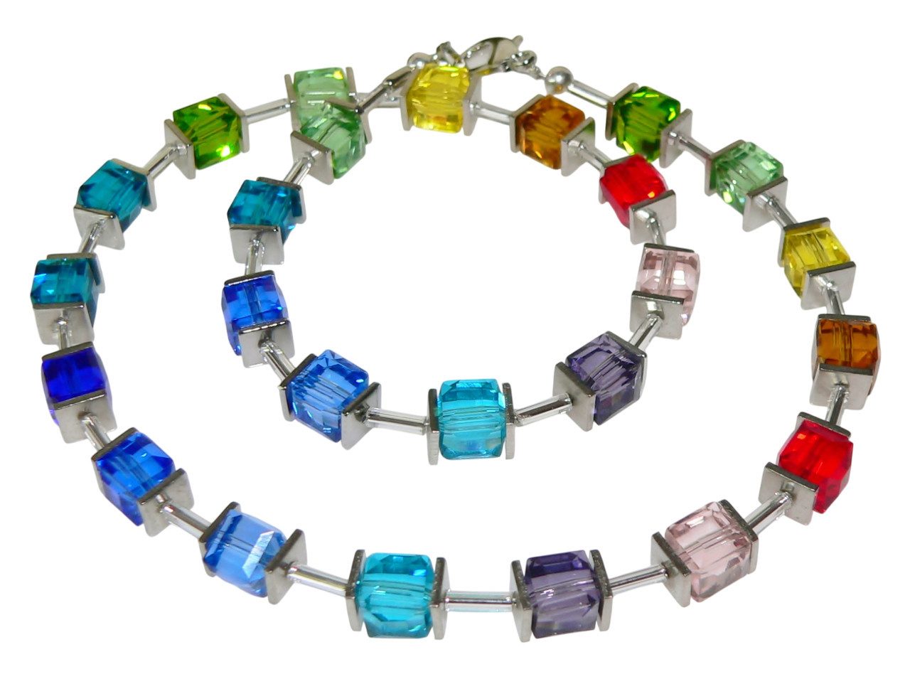 traumschmuck Collier 080b Collier Würfel bunt regenbogen mehrfarbig Edelstahlquadrate (inkl Schmuckbox), handgefertigt, Made in Germany
