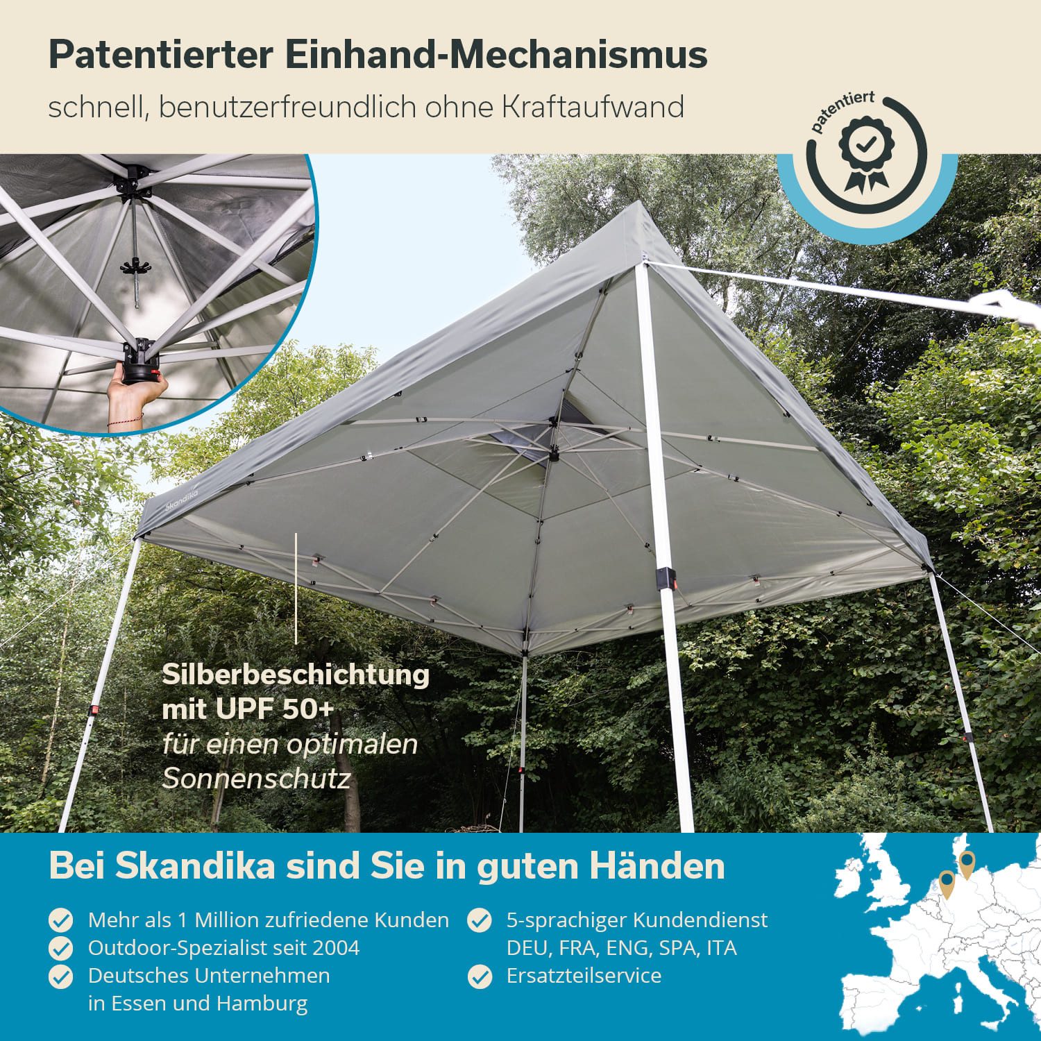 Skandika Pavillon Solvorn, Pop Up Faltpavillon, Stahlgestell, Wasserabweisend, (mit 2 integrierten Transportrollen, einfache Montage), patentierter Einhand-Mechanismus, UV-Schutz 50+, wetterfest Gartenzelt