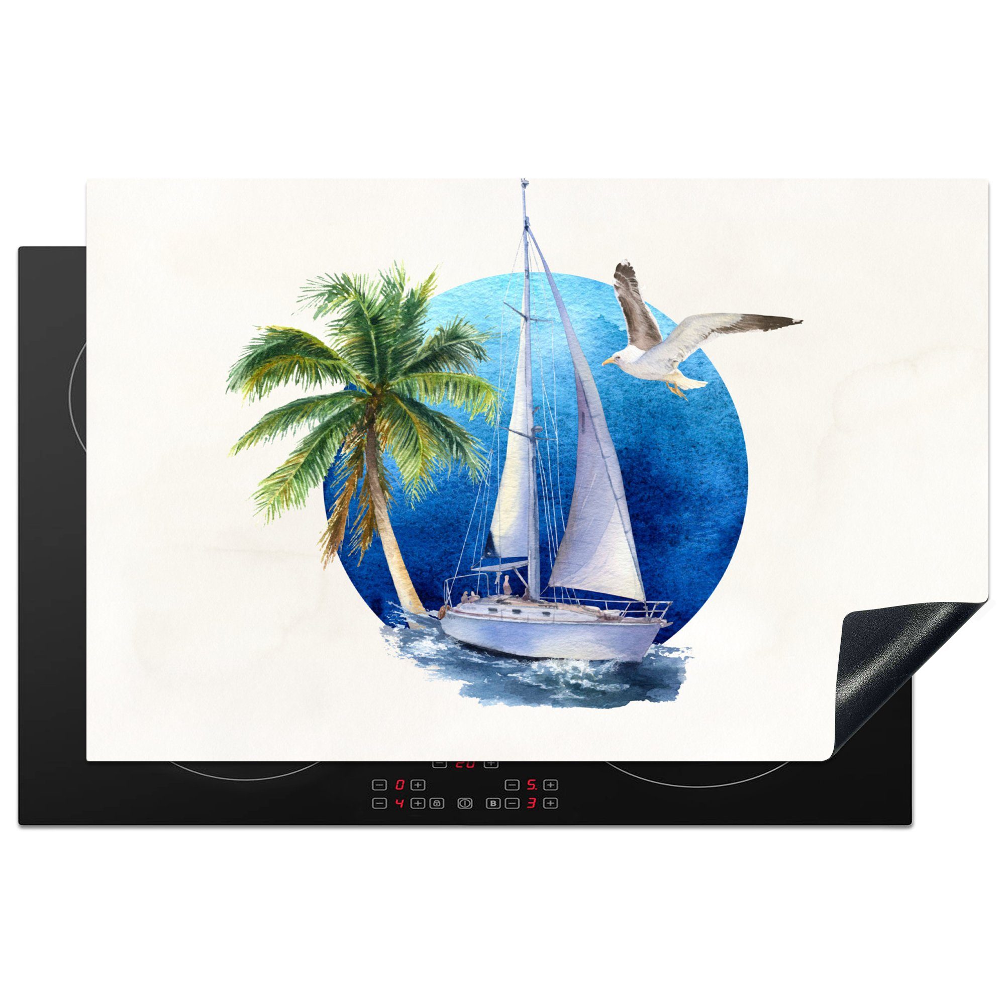 MuchoWow Herdblende-/Abdeckplatte Segelboot - Palme - Vogel - Meer, Vinyl, (1 tlg), 81x52 cm, Induktionskochfeld Schutz für die küche, Ceranfeldabdeckung