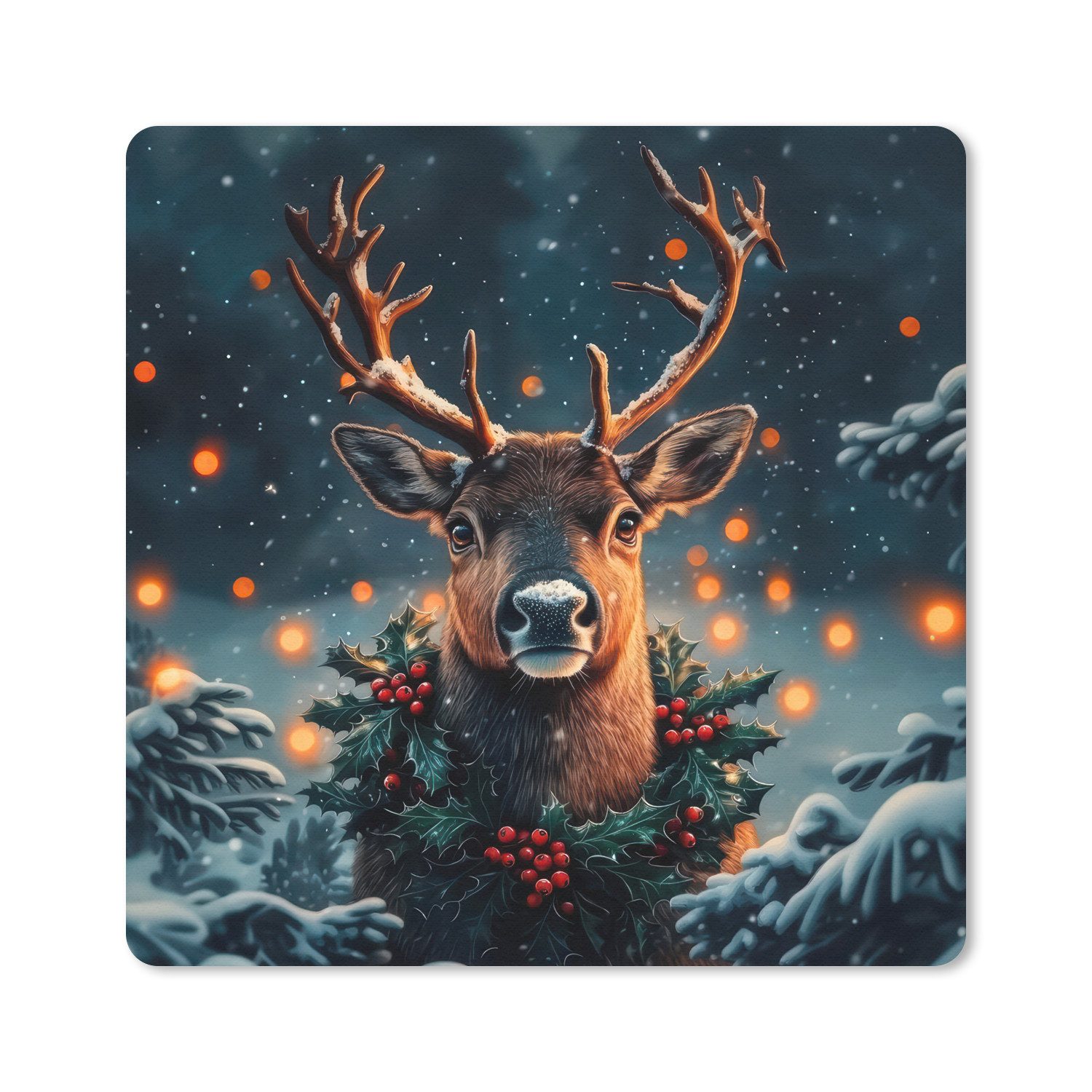 MuchoWow Mauspad Hirsch - Weihnachten - Winter - Schnee - Weihnachtskranz (1-St), Mousepad, Schreibtisch Zubehör, Deko, 20x20 cm