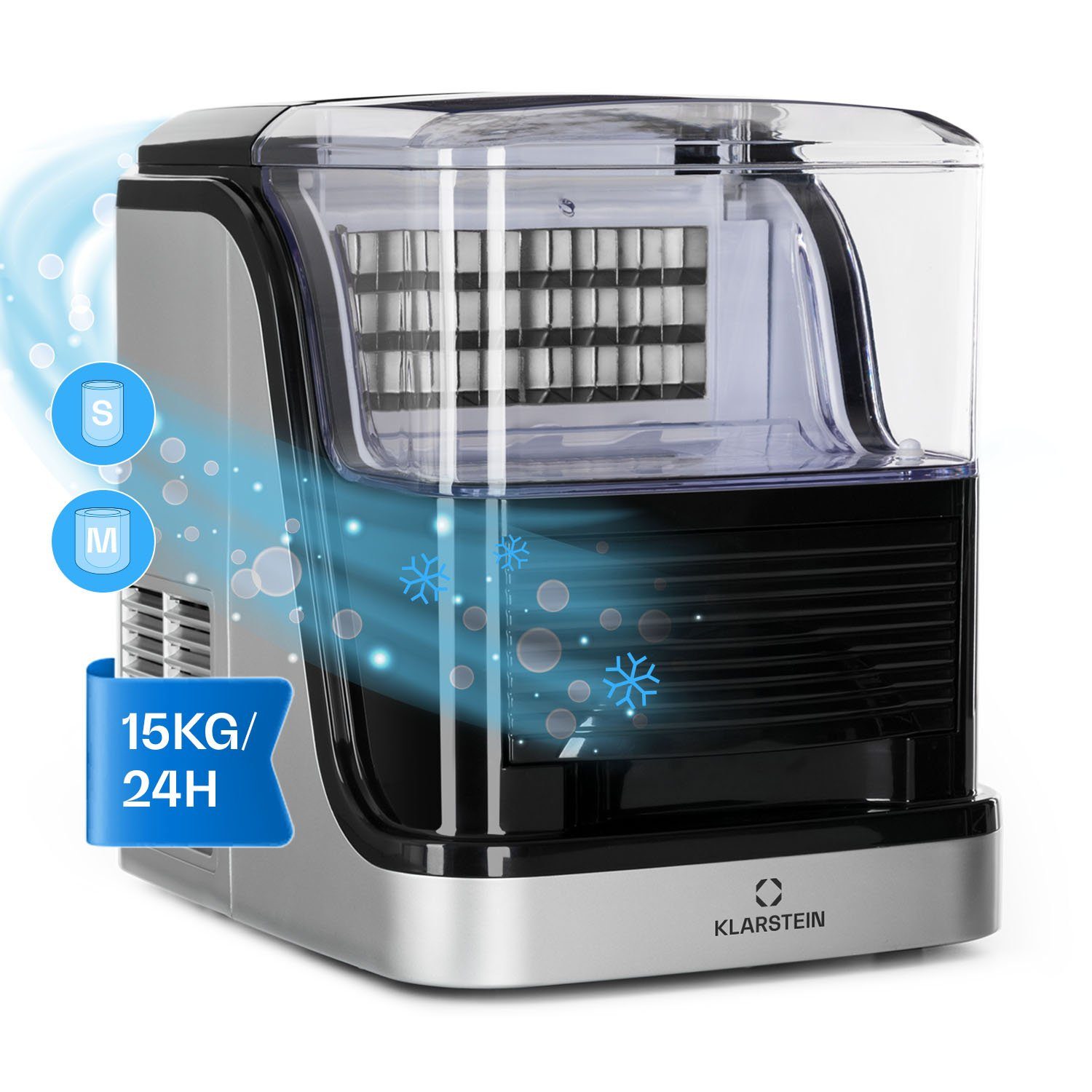 Klarstein Eiswürfelmaschine Kristall Eiswürfelbereiter, Ice Cube für Zuhause 15kg/Tag LED Display 2,5 L Eiswürfelgerät