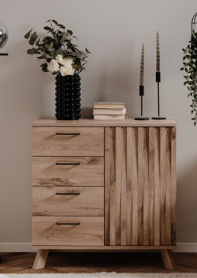 Finori Sideboard Kommode Wellington, mit 3D-Reliefoptik, Schwedeneiche