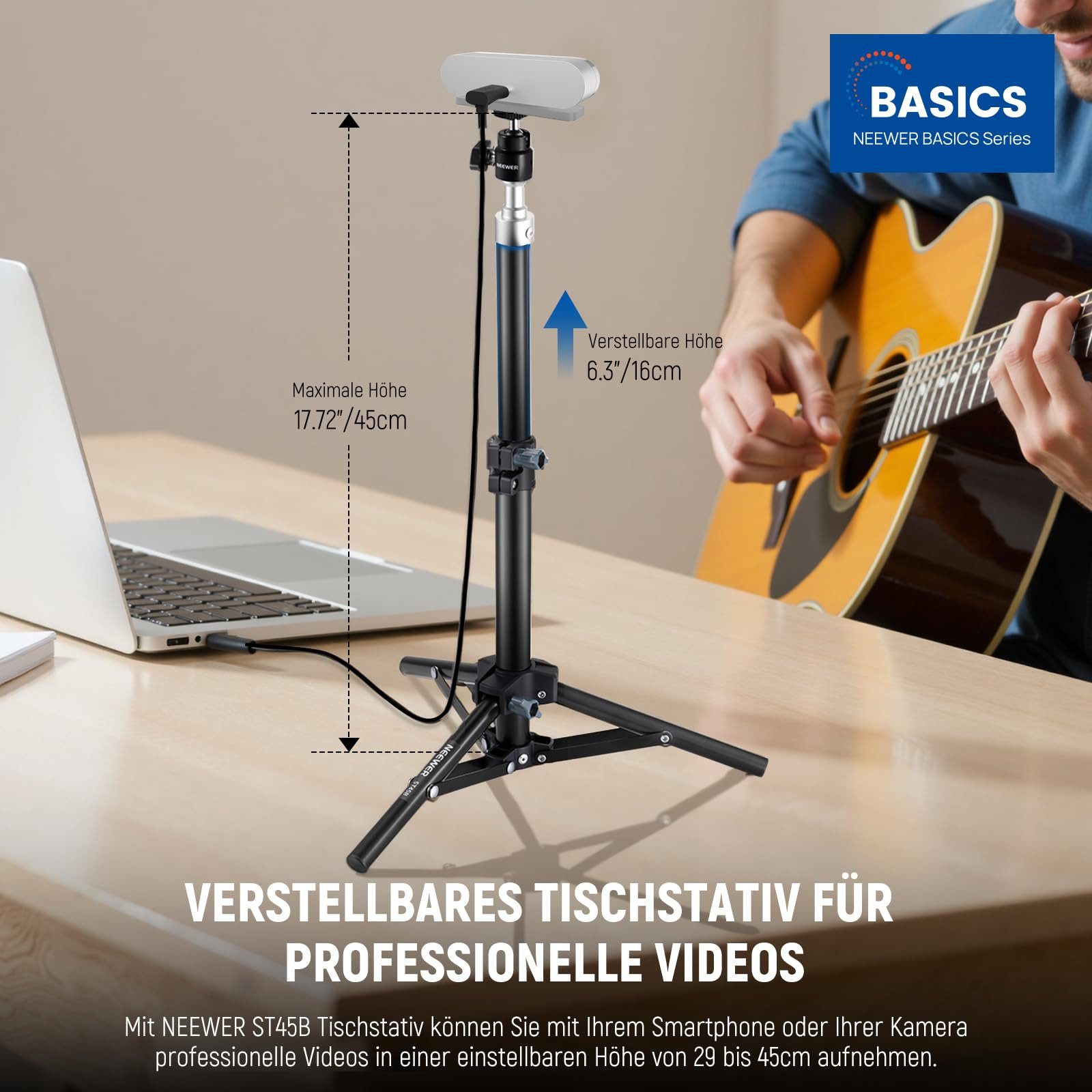 Neewer ST45B Webcam Tischstativ, mit Handyhalterung, Höhenverstellbar Tischstativ (29-45 cm, für Webcams DSLR Kameras Ringlicht Live Streaming)