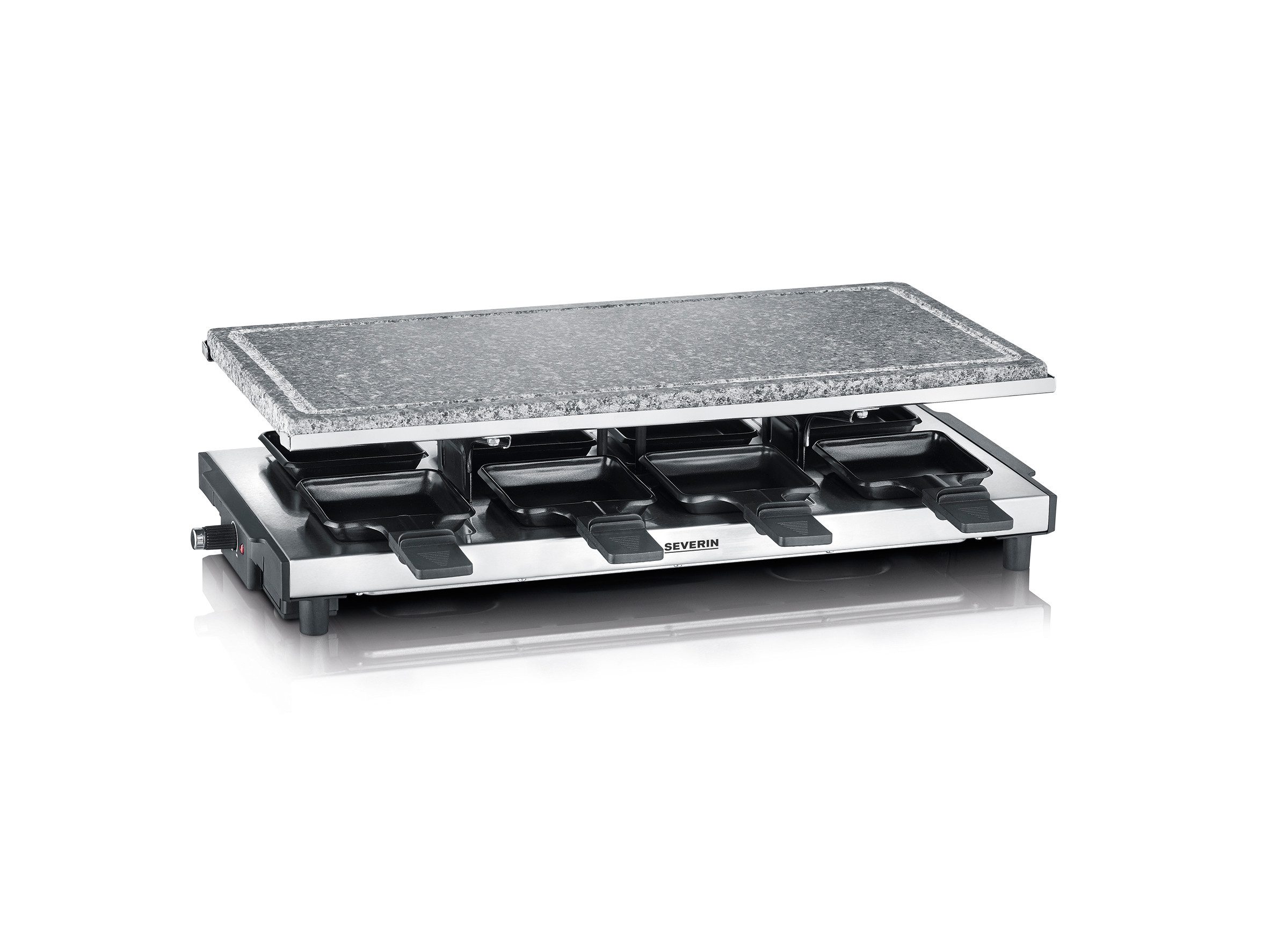 Severin Raclette RG 2374, 8 Raclettepfännchen, 1700 W, Naturgrillstein, elektrischer Tischgrill, Raclette für 8 Personen