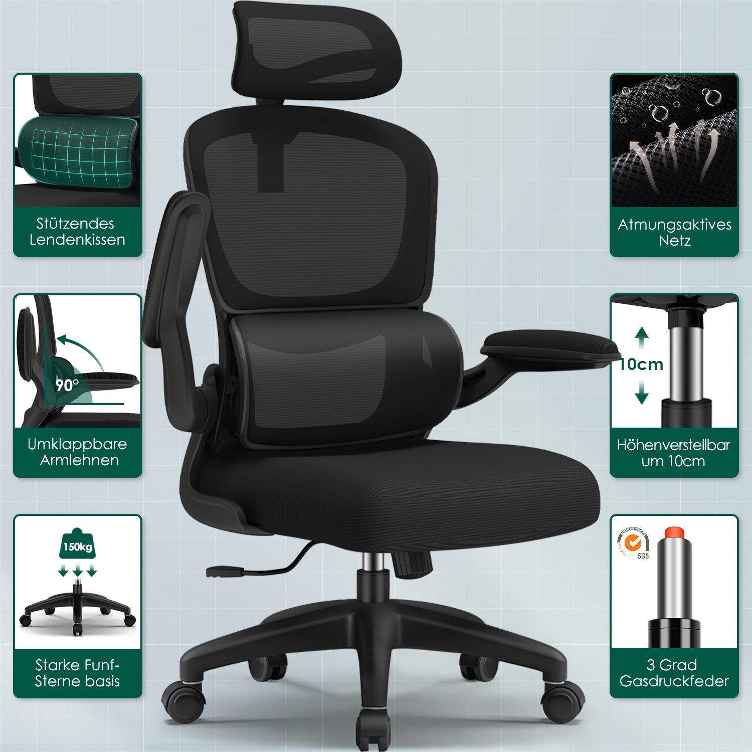 Fukstern Bürostuhl Ergonomischer Bürostuhl mit 90° klappbaren Armlehnen (Verstellbare Kopfstütze, atmungsaktiver Mesh-Bezug, Rücken- und Taillenstütze, Neigung  – Bild 4 von 5