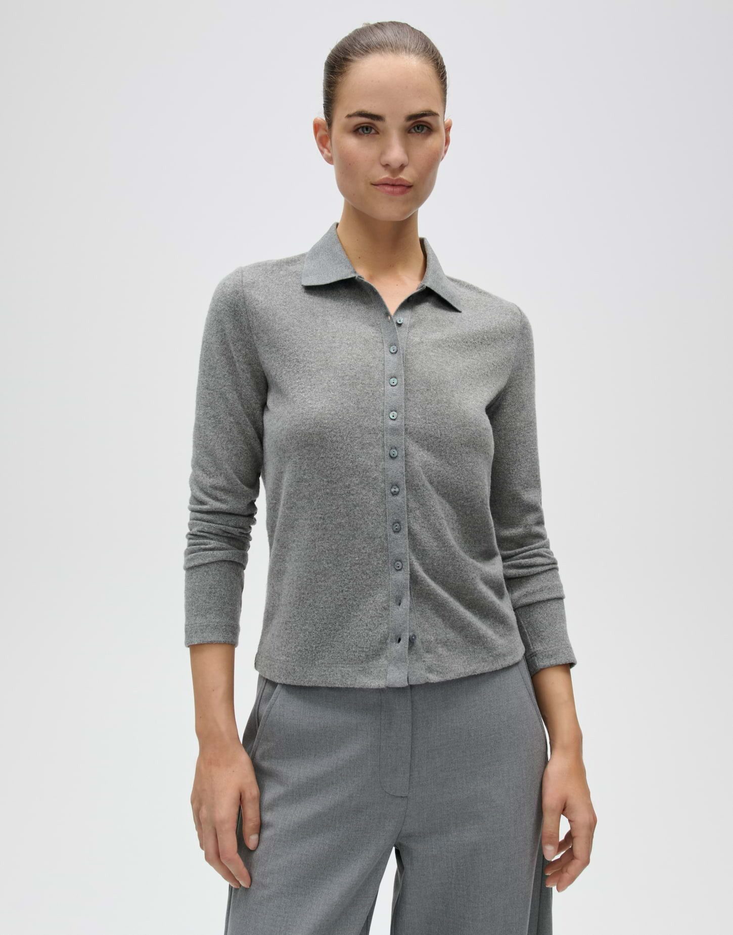 OPUS Langarm-Poloshirt Sugimi aus Jersey mit Mélange-Effekt Figurbetonte Form mit Polokragen und angerauter Oberfläche