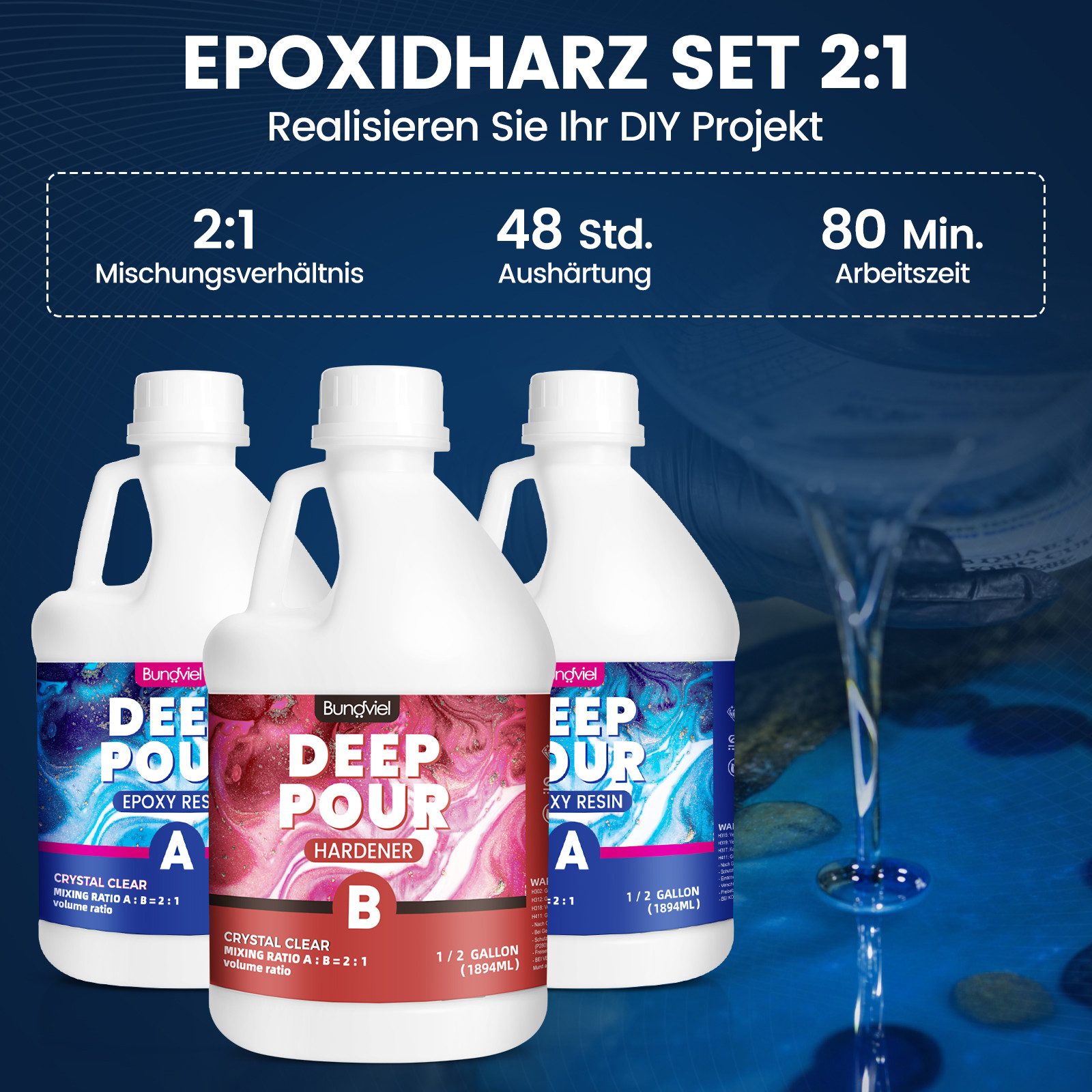 Bundviel Epoxidharz 5682ml Tiefguß Epoxidharz Set 2:1 Transparent Epoxid Harz Mit Härter, Dickschicht bis zu 6 cm in einem Guß