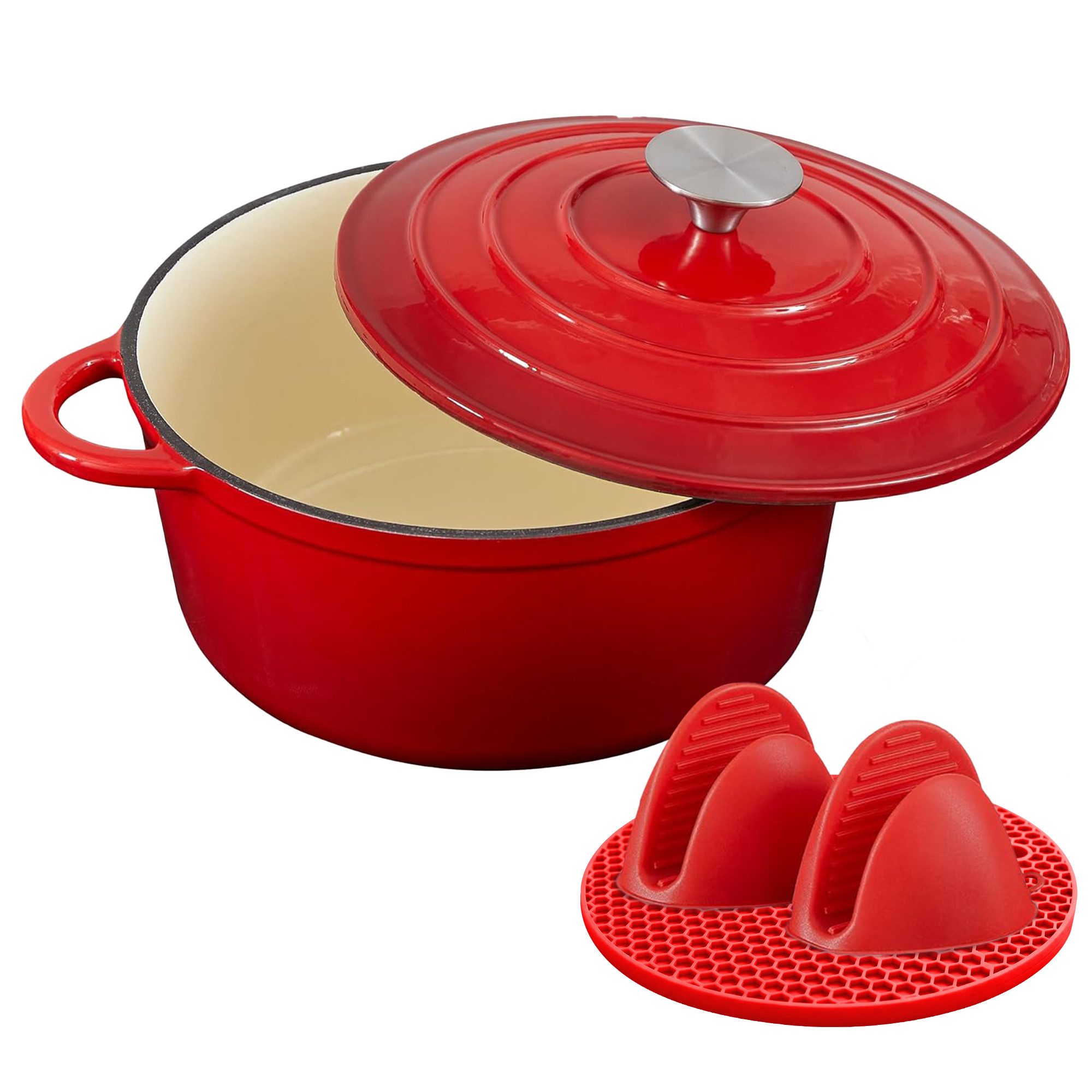 Nilpferd Bräter Gusseisen Topf 22/24/26cm Incl. Silikon Topflappen Topfuntersetzer, (Set, 1 Pot mit 1 lid, 2 Ofenhandschuhe, 1 Topfuntersetzer), Backofengeeignet Induktionsgeeignet Zum Braten, Schmoren, Kochen