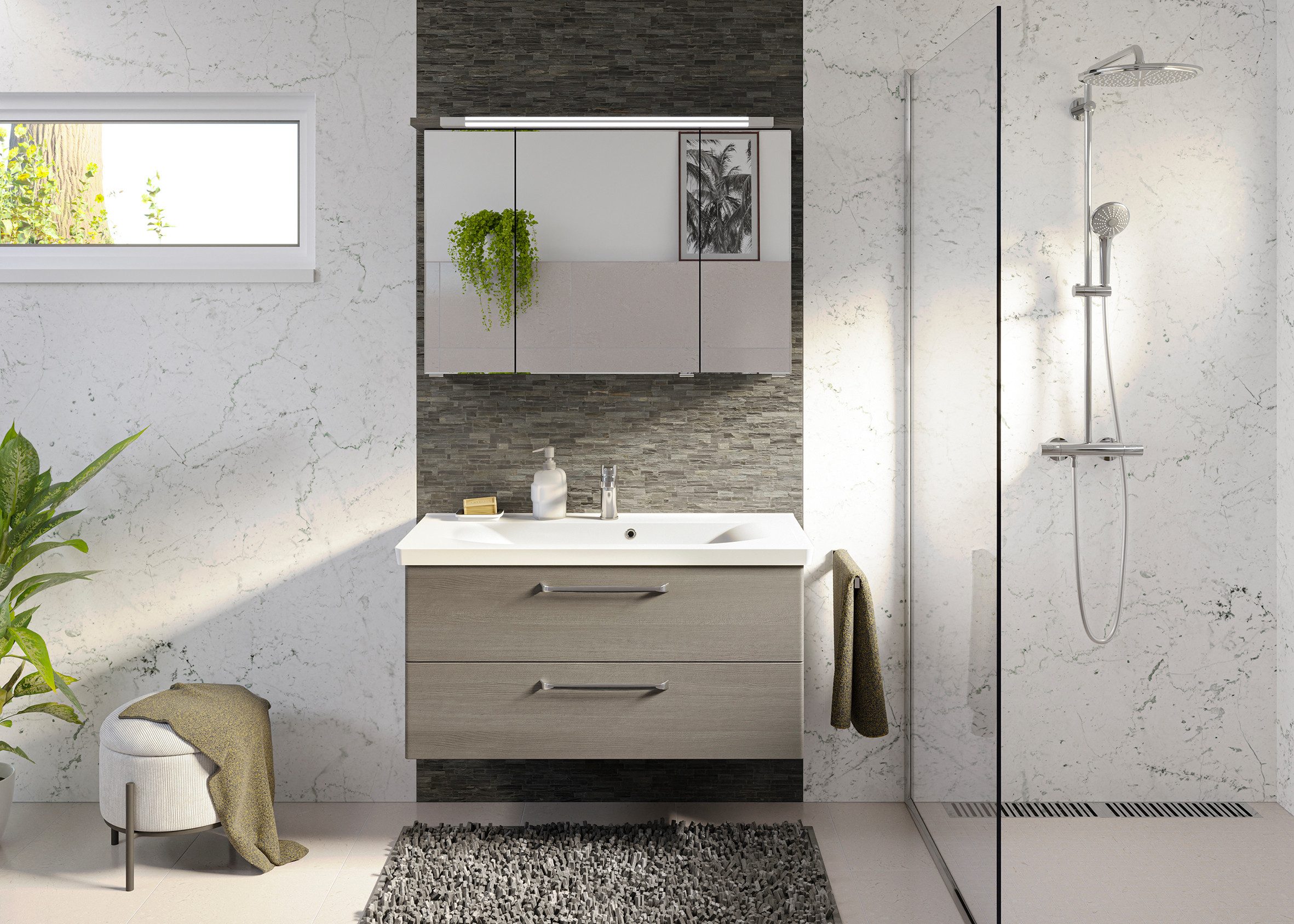 Saphir Badmöbel-Set Trentino 2-tlg Mineralmarmor-Waschtisch, Spiegelschrank mit LED-Profil, (3-St), Badmöbel-Set 110cm breit, inkl. Türdämpfer, 3 Türen, 2 Auszü – Bild 2 von 5