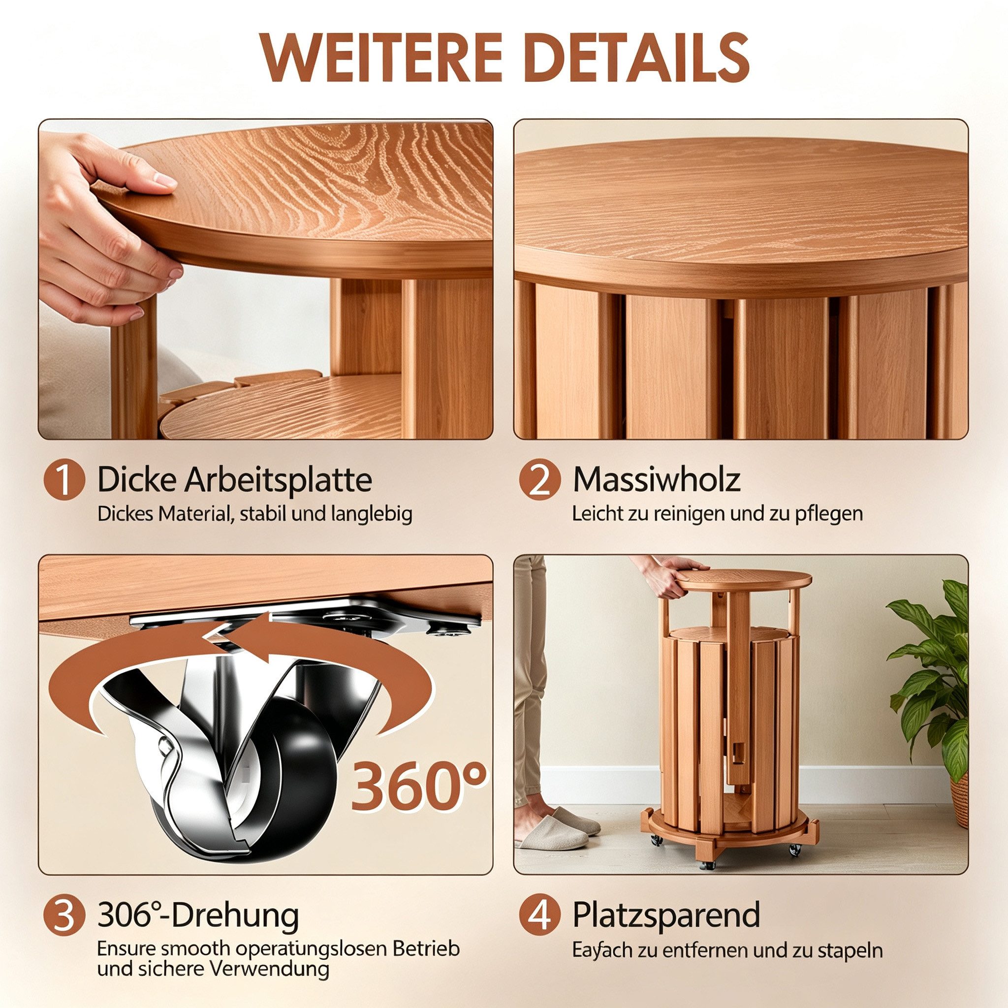 Rutaqian Sitzhocker Massivholz Stapelhocker 4er Set mit Rollen, runde Hocker (Ein 4-teiliges Set), 4 Hocker als ein Möbelstück – stapelbar, Massivholz & mit Rol – Bild 4 von 5