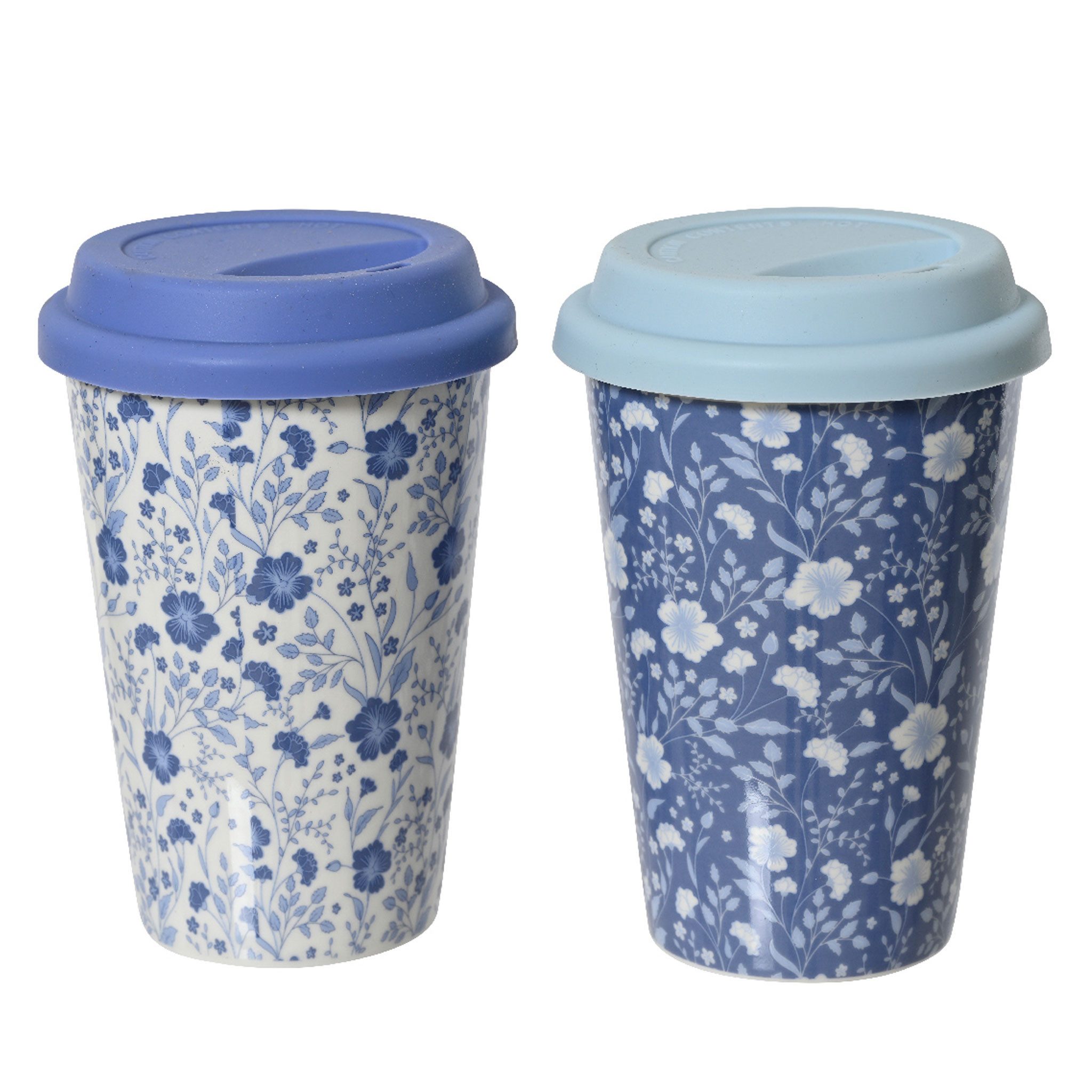 Decoris season decorations Coffee-to-go-Becher, Porzellan, Becher 14cm Porzellan 390ml mit Deckel 1 Stück sortiert Blau / Weiß
