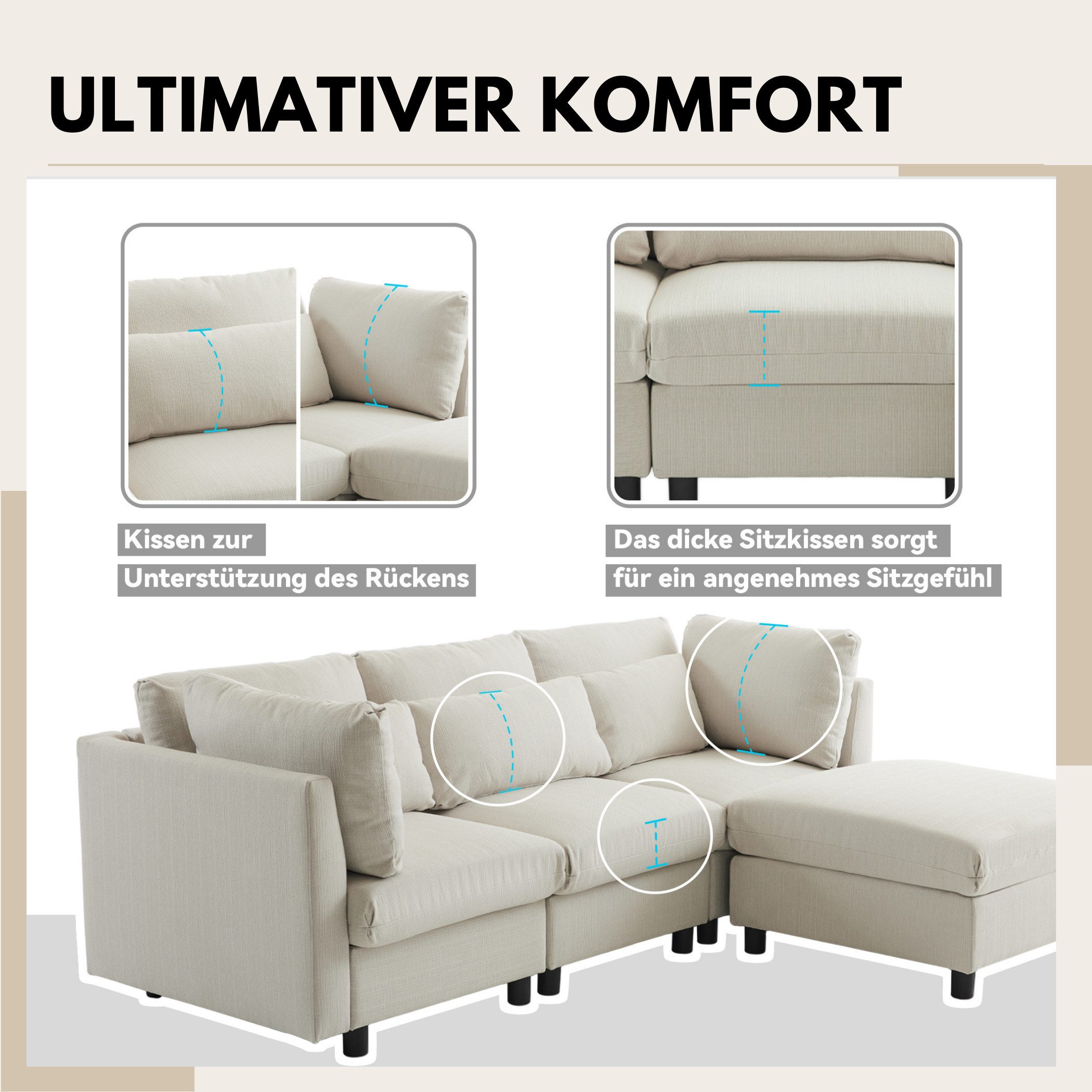 SeedWave Sofa L-förmiges 3-Sitzer-Sofa mit abnehmbare Fußhocker und Lendenkissen, Leinen-Polstersofa mit Lendenkissen,Recamiere Für das Wohnzimmer