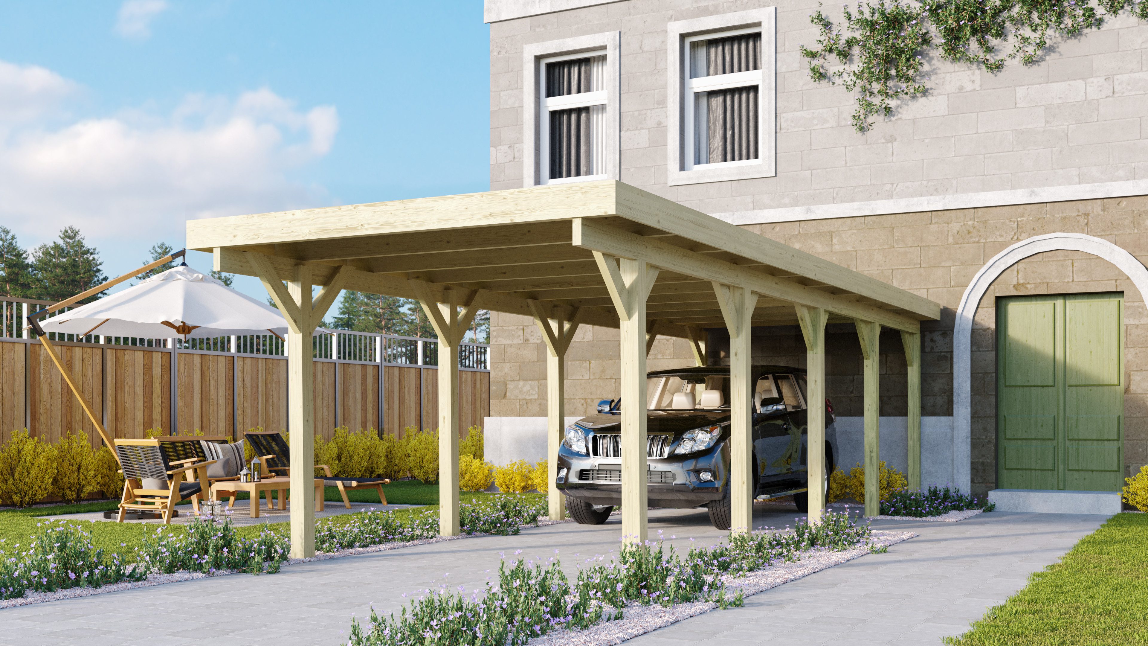 Karibu Einzelcarport »Classic 3 SET« Stahl-Dach Variante A, kesseldruckimprägniert, BxT: 273x777,5 cm, 206 cm Einfahrtshöhe, (Set), aus Masivholz