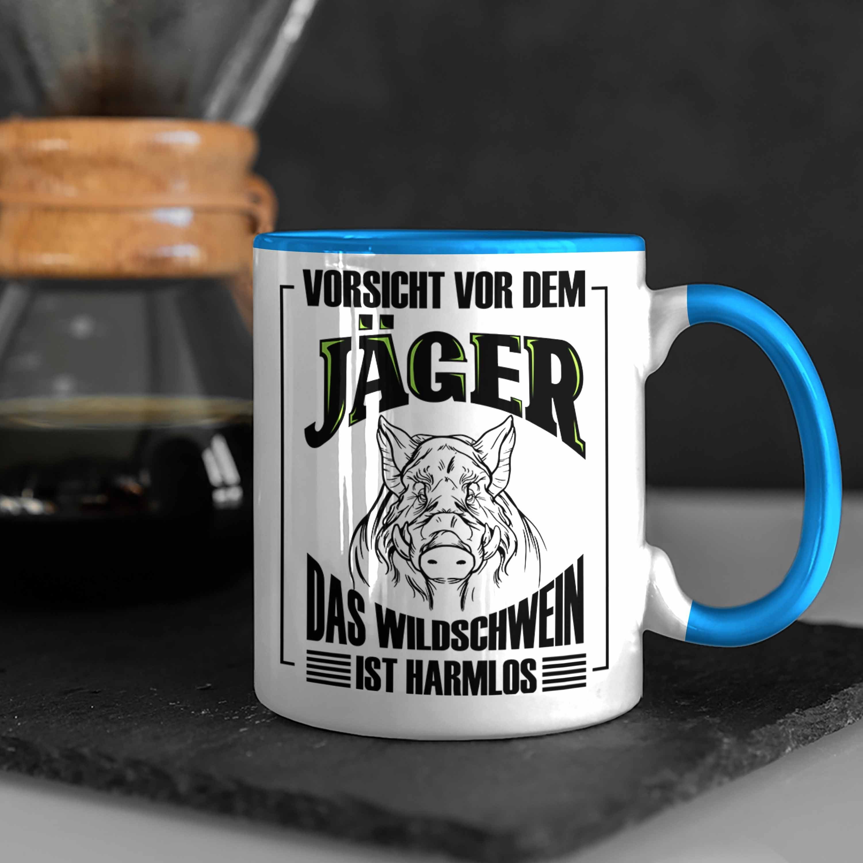 Tasse für Wildschwein Trendation Jäger Lustige Geschenkidee Geschenk Blau Spruch Tasse Jagd