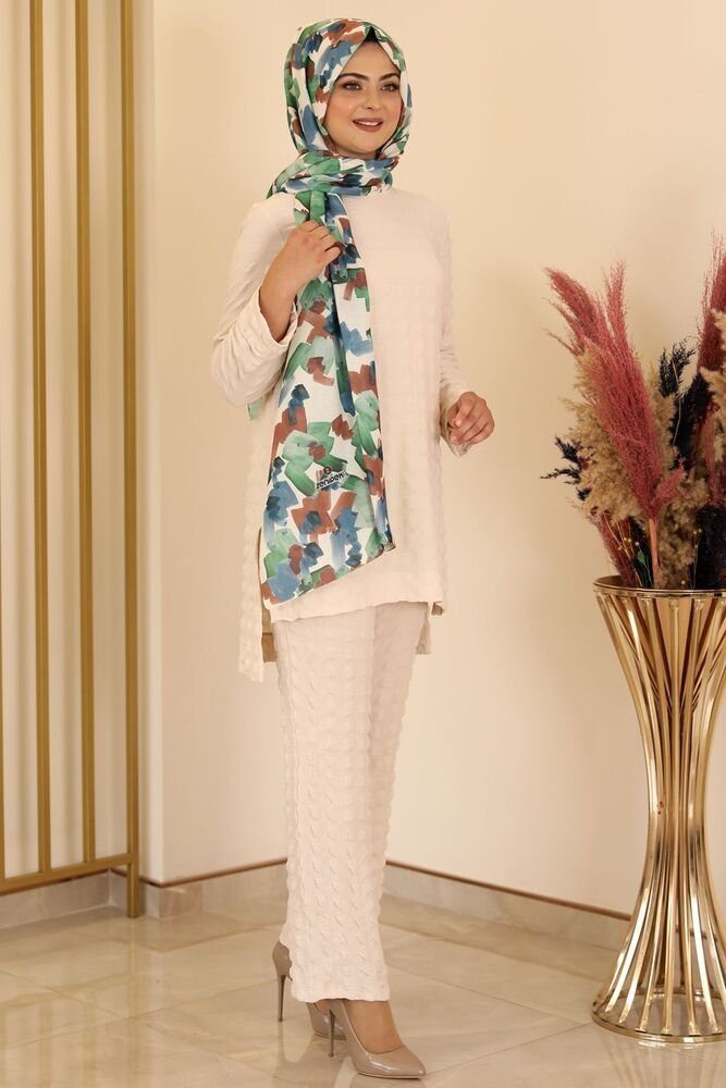 fashionshowcase Hosenanzug Sommerlicher Damen Longtunika-Anzug - Modischer Hijab Zweiteiler