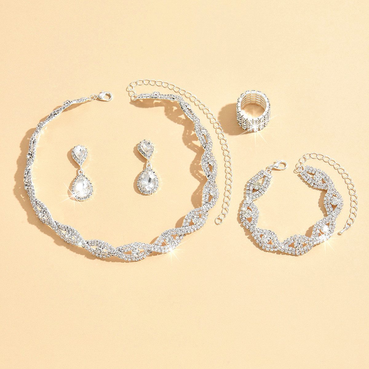 KARMA Schmuckset Strass Damen Silber Halskette Ring Ohrringe Armband (Strassohrringe Strassring Kristallkette, eleganter Schmuck Damenschmuckset Kette) – Bild 5 von 5