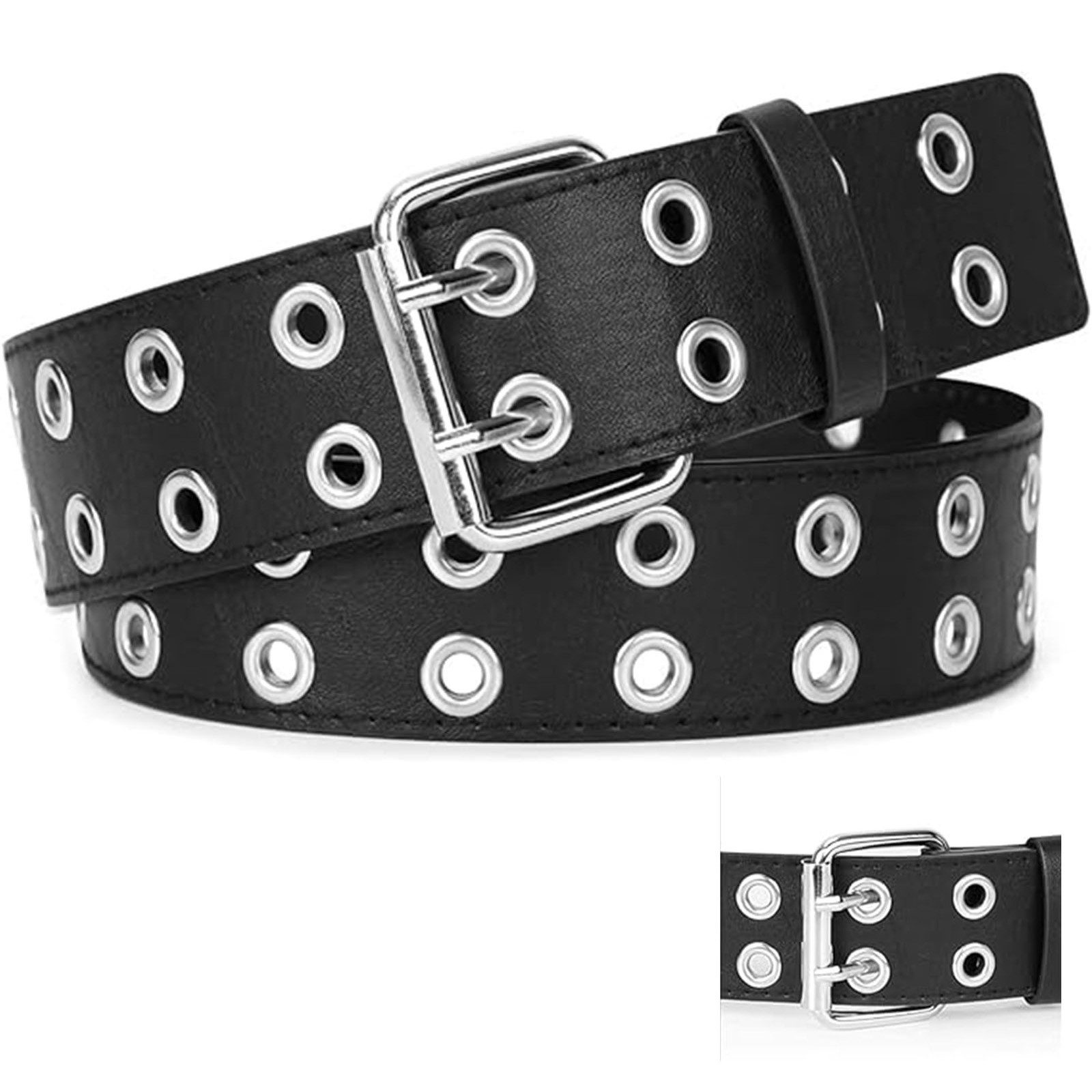 REDOM Nietengürtel Punk Doppellochgürtel verstellbarer Ösengürtel (Retro Gothic Rock Kunstleder Gürtel, 1-St., silberner Metallbeschlag, langlebiger) Accessoire für Jeans Shorts Rock Streetwear Club Festival Cosplay