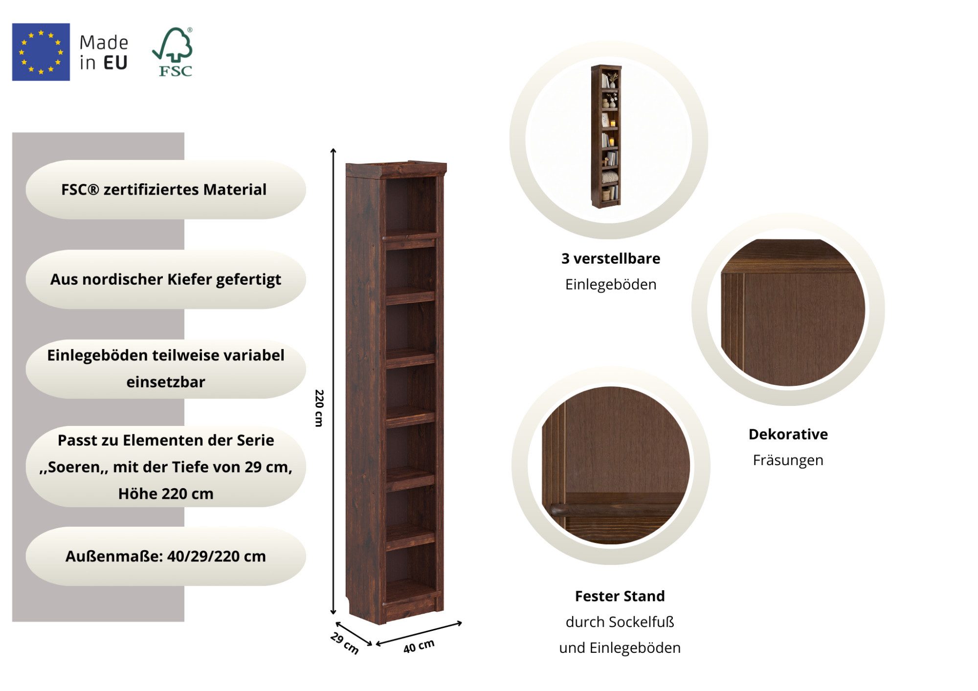 OTTO home Bücherregal Soeren Regal B/T/H: 40/29/220 cm, Kiefer FSC®-zertifiziert, 7 Fächer und 6 Einlegeböden