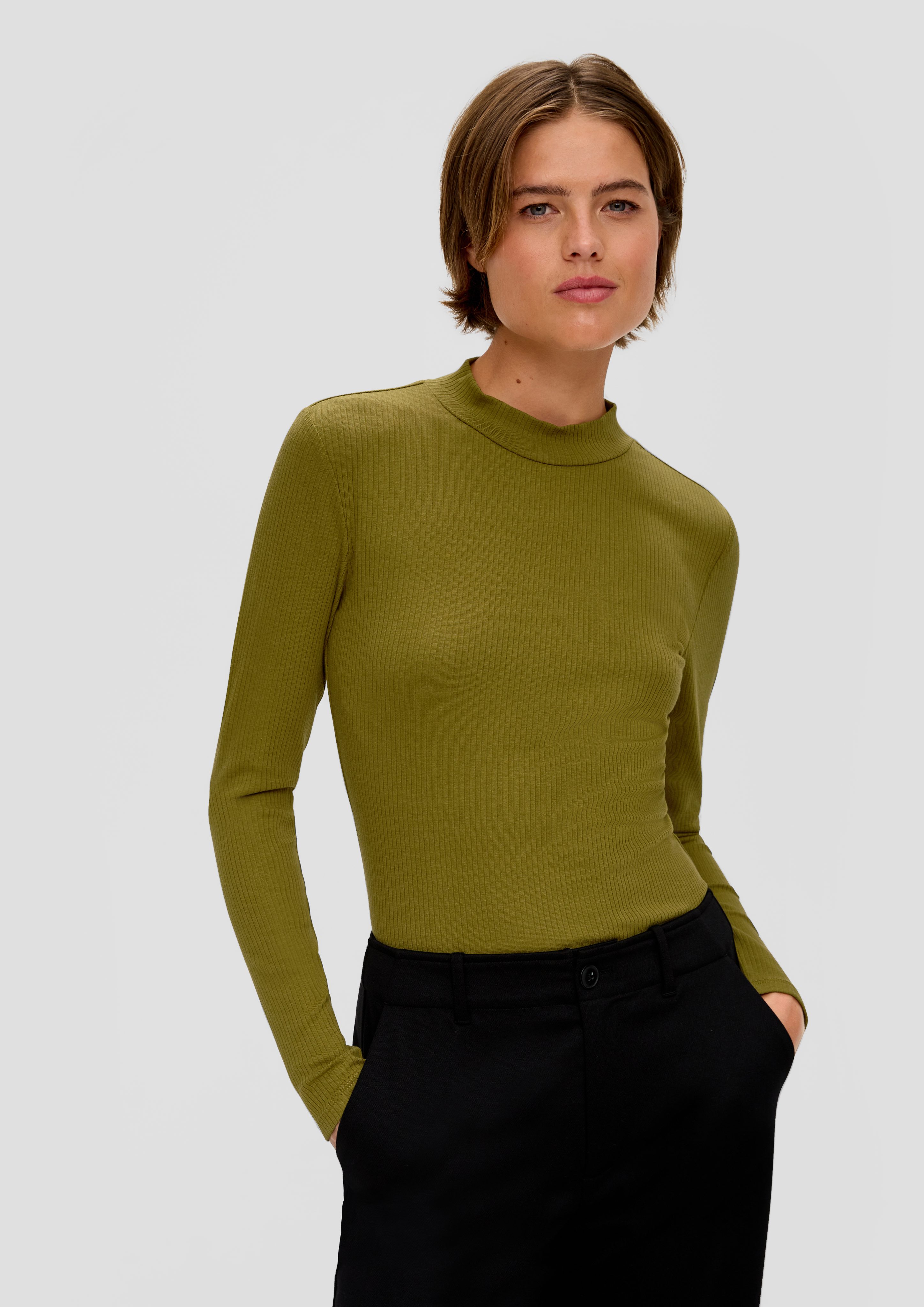 s.Oliver Langarmshirt Langarmshirt mit Rippstruktur guacamole